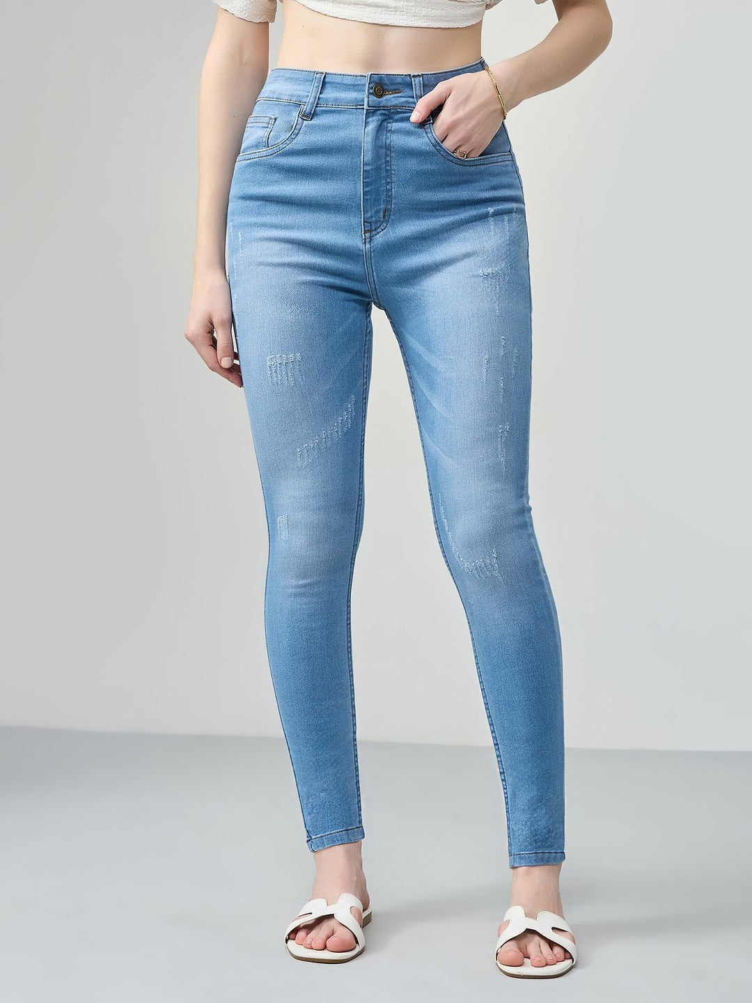 Blue Skinny high-rise Mild Distress Regular Stretchable Denim Jeans for Women