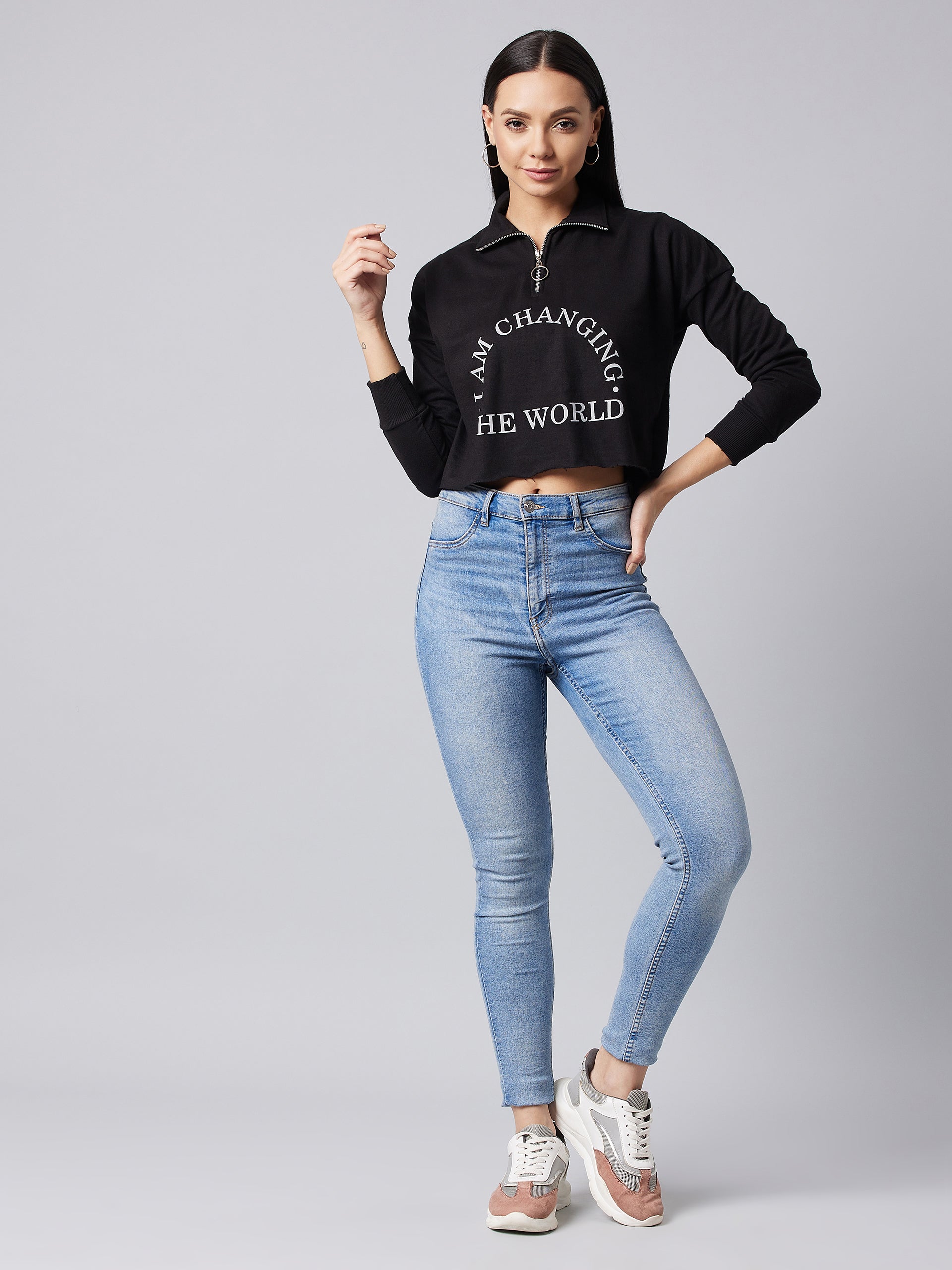 Women's Black Collared Full Sleeve Solid Boxy Crop Sweatshirt