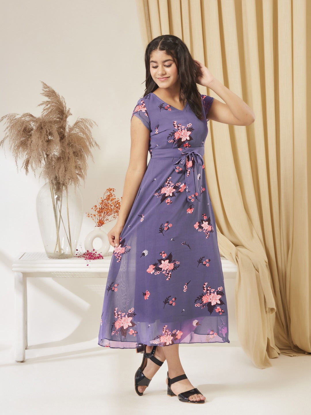 Base Lavender V-Neck Short Sleeved Floral Pleated Midi Dress for Girls/Teenagers