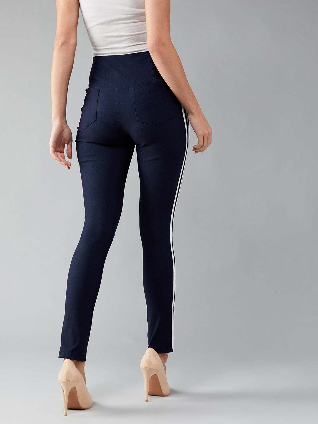 Women's Navy Blue Solid Skinny High Waist White Twill Tape Detailing Regular Length Treggings