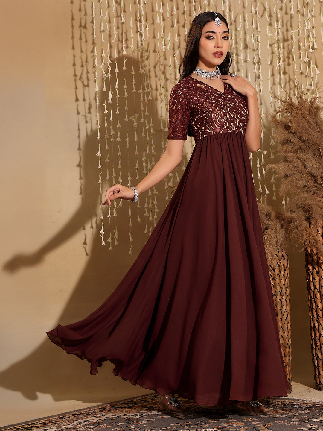 Women's Wine V-Neck Half Sleeve Self Designed Wrap Georgette Maxi Dress