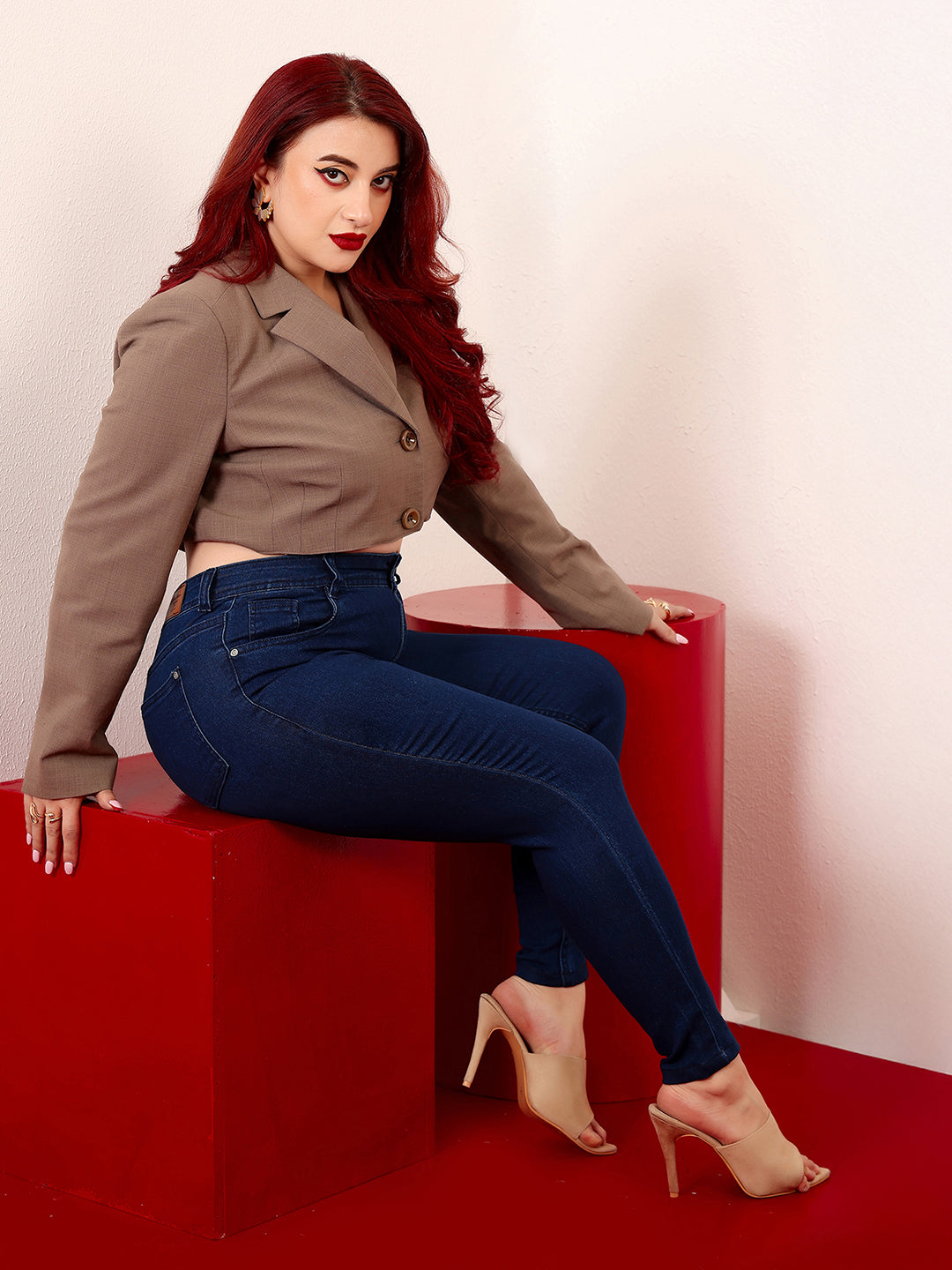Women's Navy Blue Skinny-Fit High-Rise Cropped-Length Stretchable Denim Jeans
