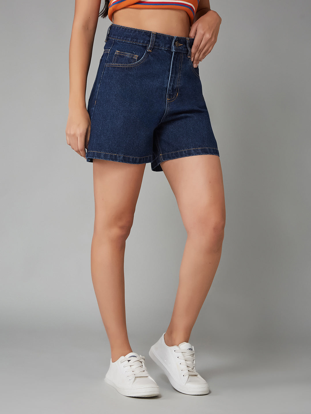 Women's Dark Blue Flared High-Rise Clean-Look Regular-Length Denim Shorts
