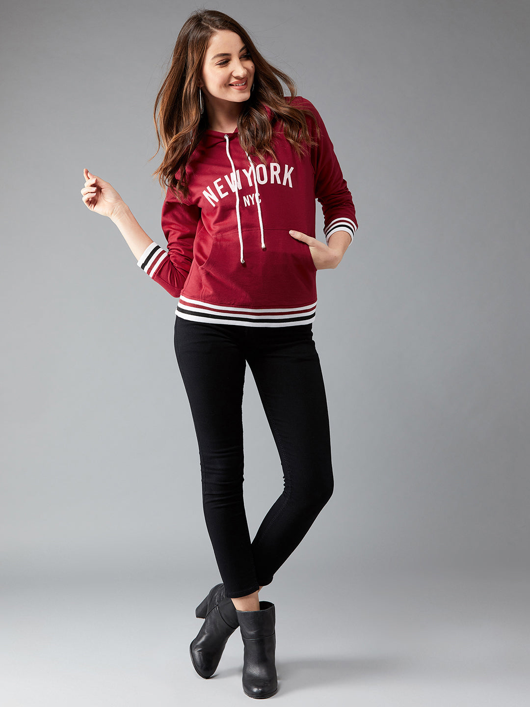 Women's Maroon Hooded Full Sleeves Screen Printed Eyelet Detailing Regular Length Sweatshirt