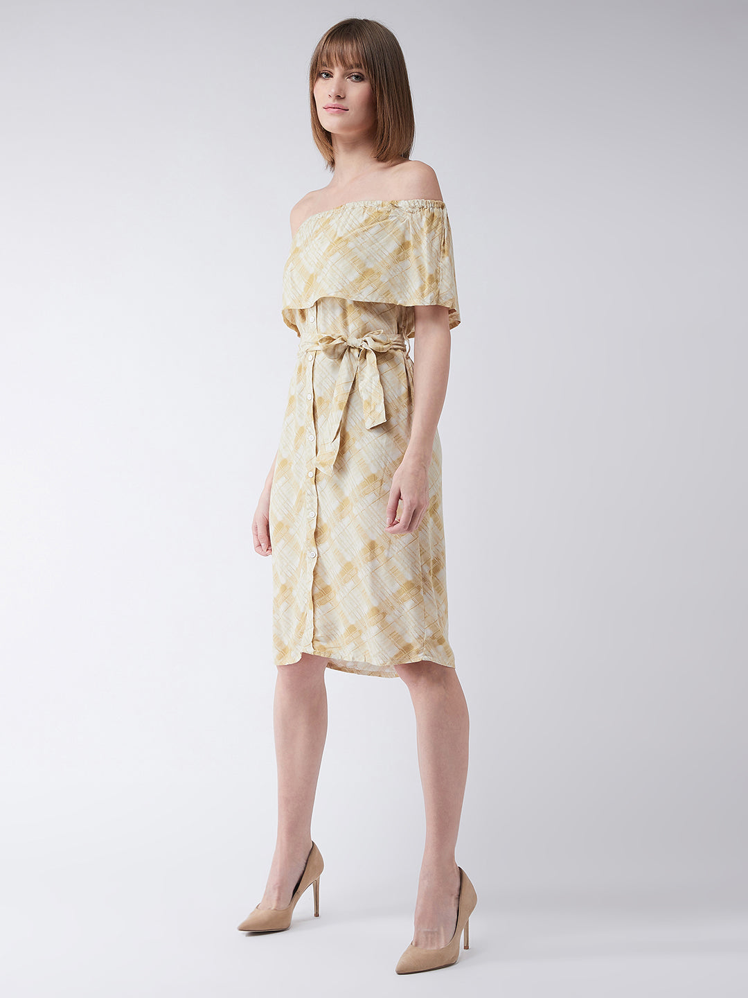 Multicolored Off Shoulder Sleeveless Printed Knee-Length Ruffled Gathered Belted Buttoned Bardot Style Shift Dress for Women