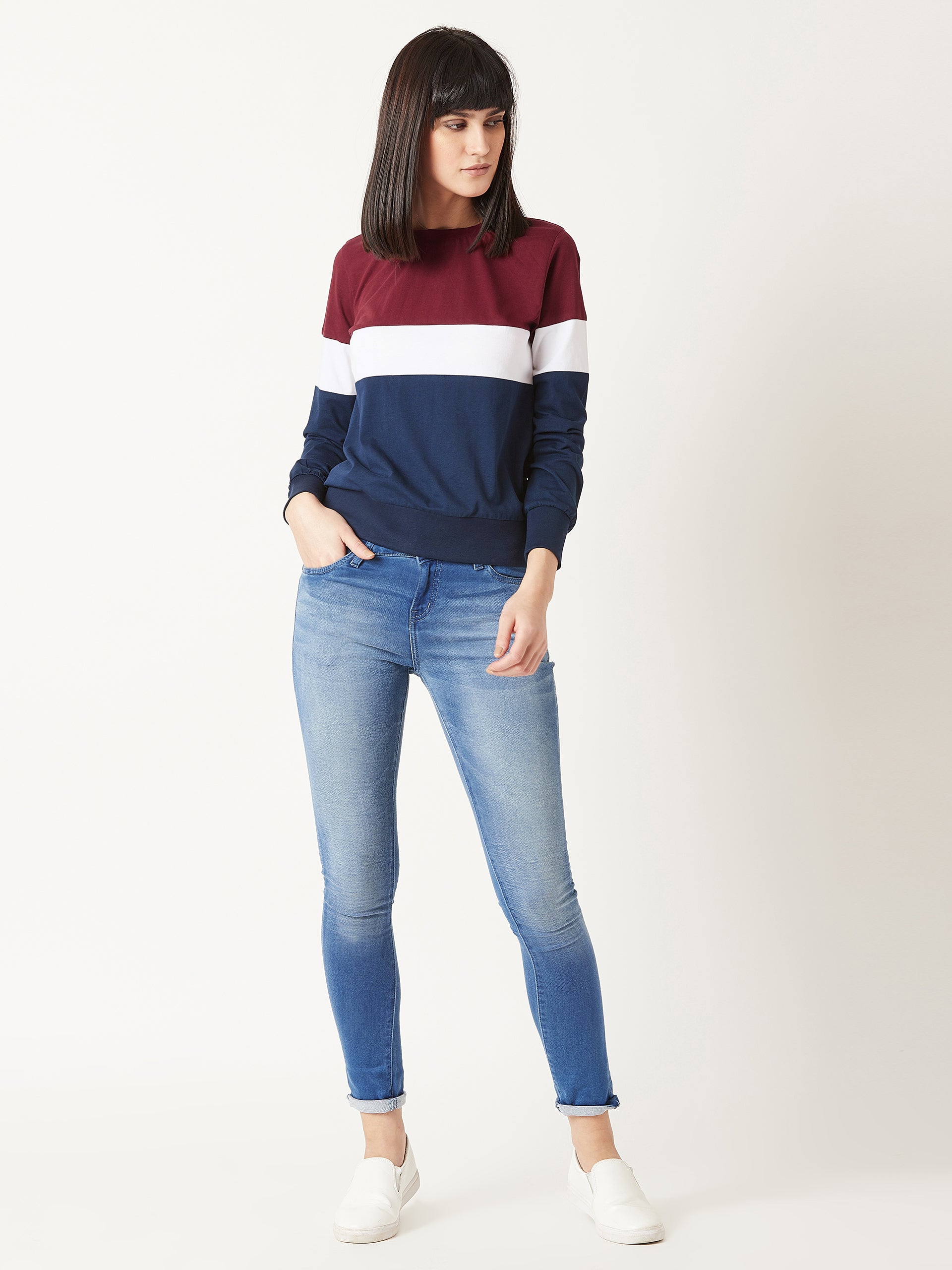 Women's Multicolored With A Navy Blue Base Round Neck Full Sleeves Cotton Solid Boxy Paneled Color block Sweatshirt