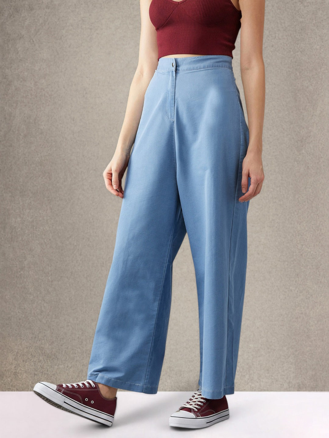 Blue Flared Wide-Leg High Rise Non Stretchable Denim Pants for Women
