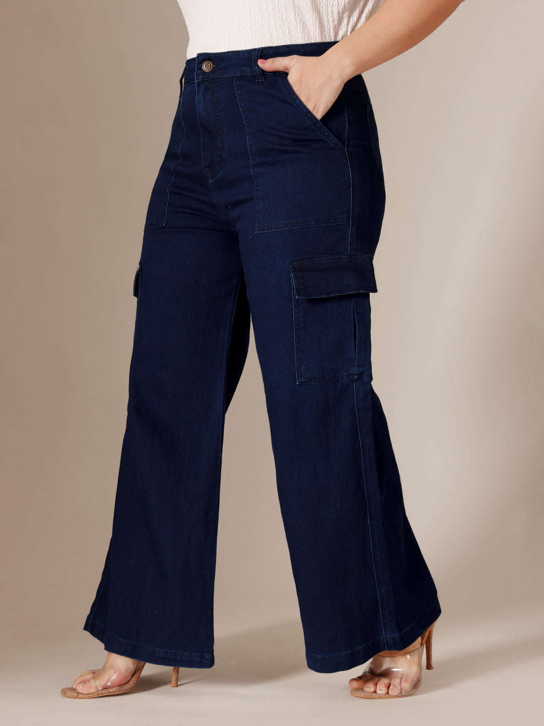 CHASEstretch™ Navy Blue Wide-Leg High-Rise Clean-Look Regular-Length Stretchable Denim Cargo Jeans for Women