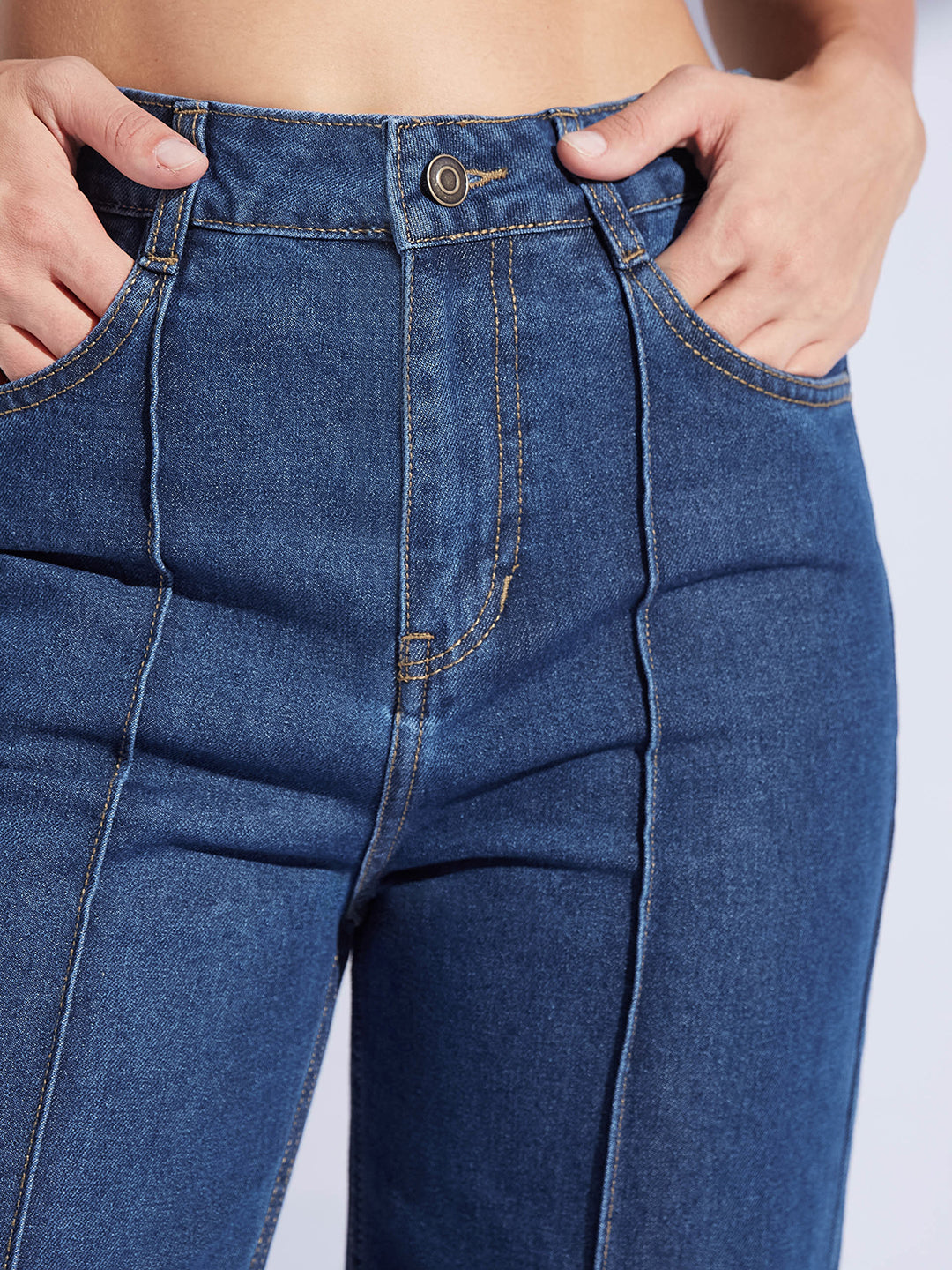 Women's Navy Blue Wide-Leg High-Rise Clean-Look Regular-Length Non-stretchable Denim Jeans