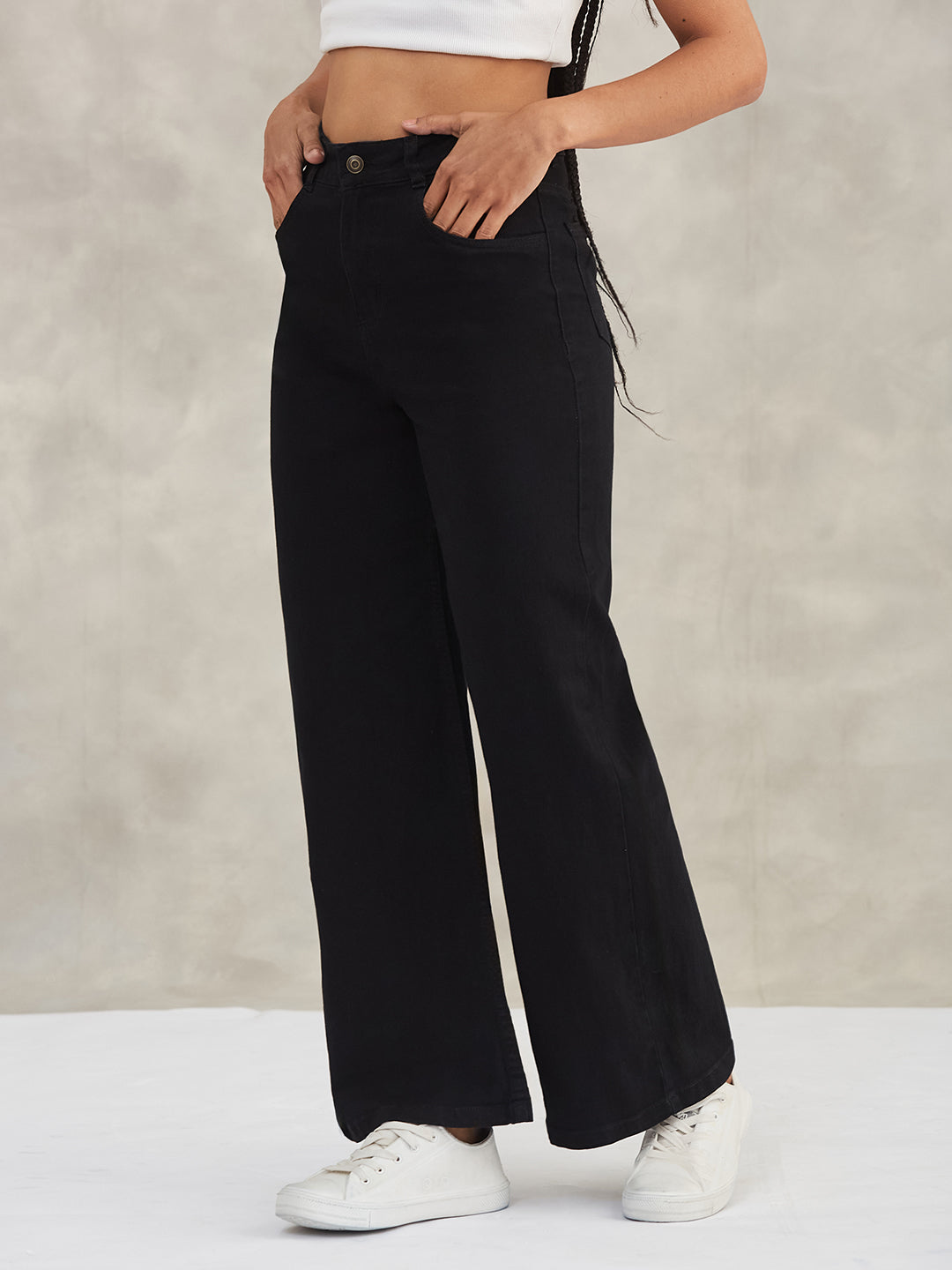 Women's Black Wide-Leg High-Rise Stretchable Denim Jeans