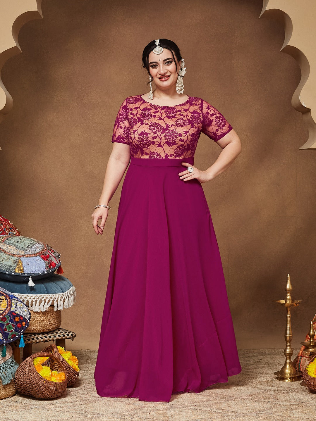 Dark Pink Round Neck Half Sleeve Self-Designed Fit & Flare Georgette Maxi Dress for Women