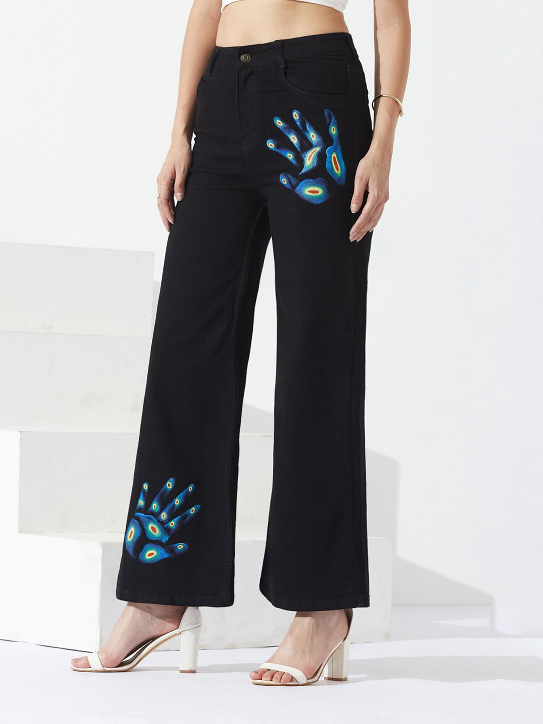 Black Wide Leg high-rise Hand Painted Skeleton Art Stretchable Denim Jeans for Women