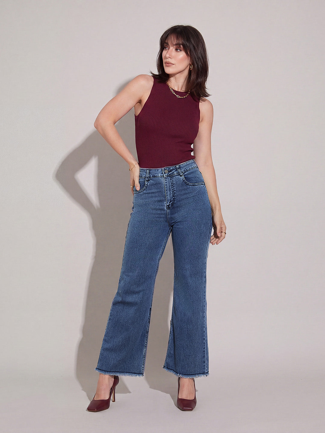 Navy-Blue Wide-Leg High Rise Stretchable Denim Jeans for Women