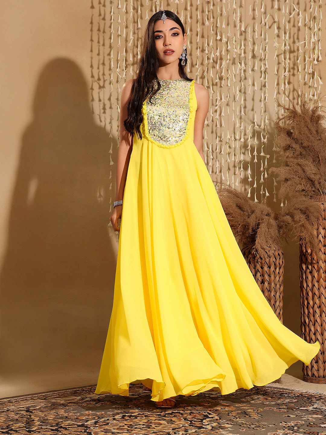 Women's Yellow Round Neck Sleeveless Embellished Frilled Georgette Maxi Dress