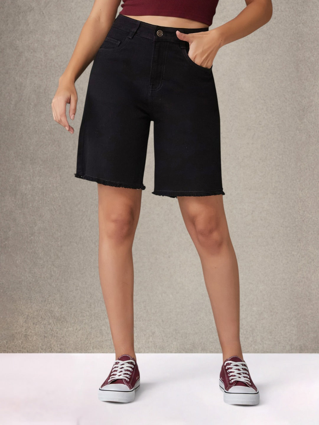 Black Regular High Rise Above Knee Stretchable Denim Shorts for Women
