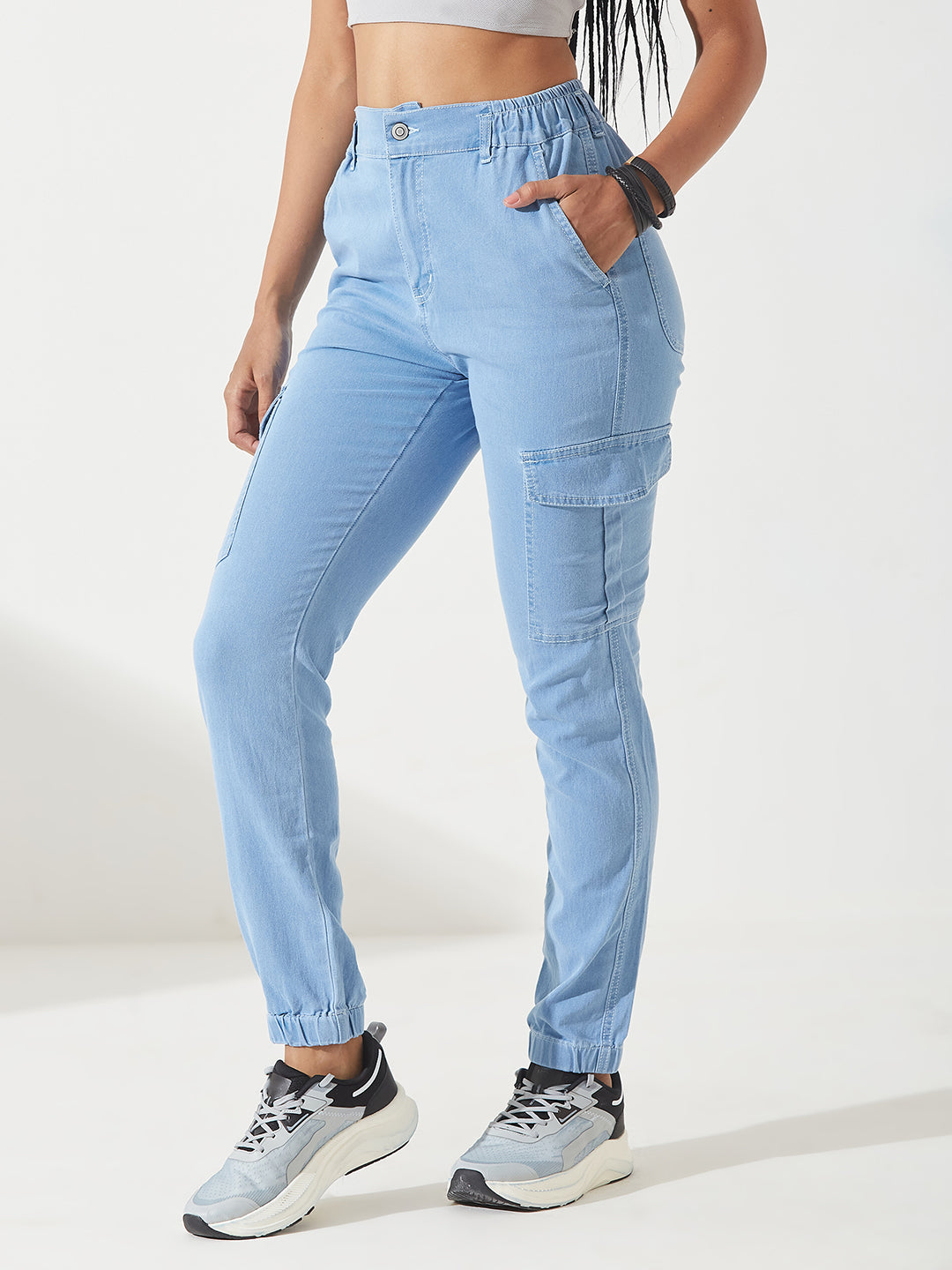 Women's Light Blue High-Rise Stretchable Denim Joggers