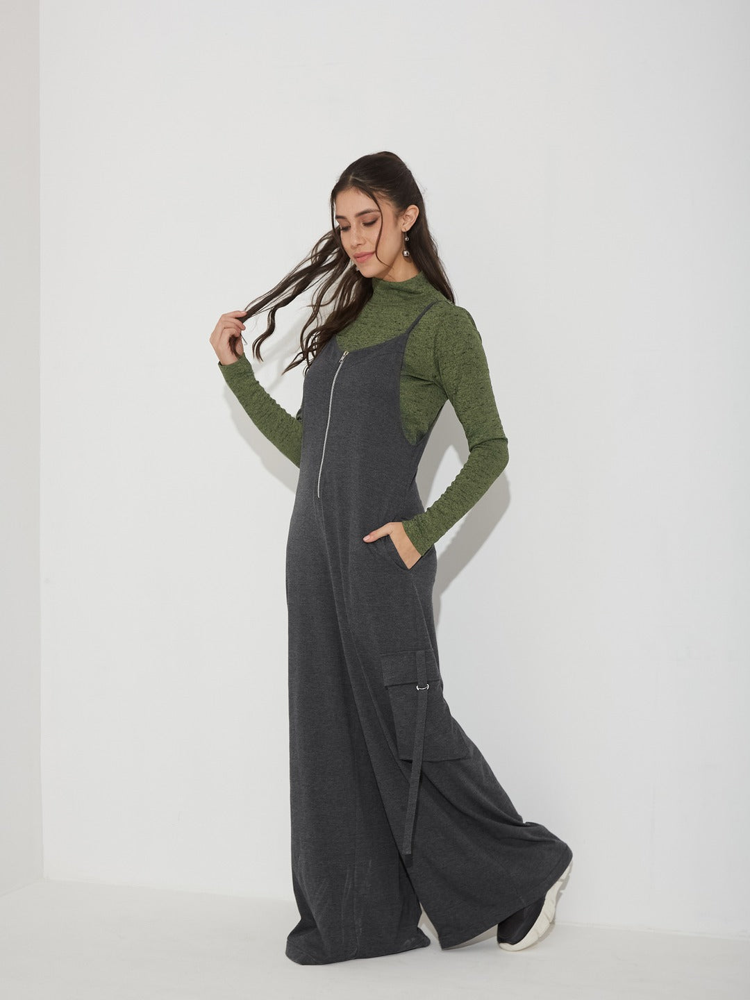Charcoal Grey and Green Turtle Neck Full Sleeve Solid Regular Fit Cotton Dungaree Co-Ord Set for Women