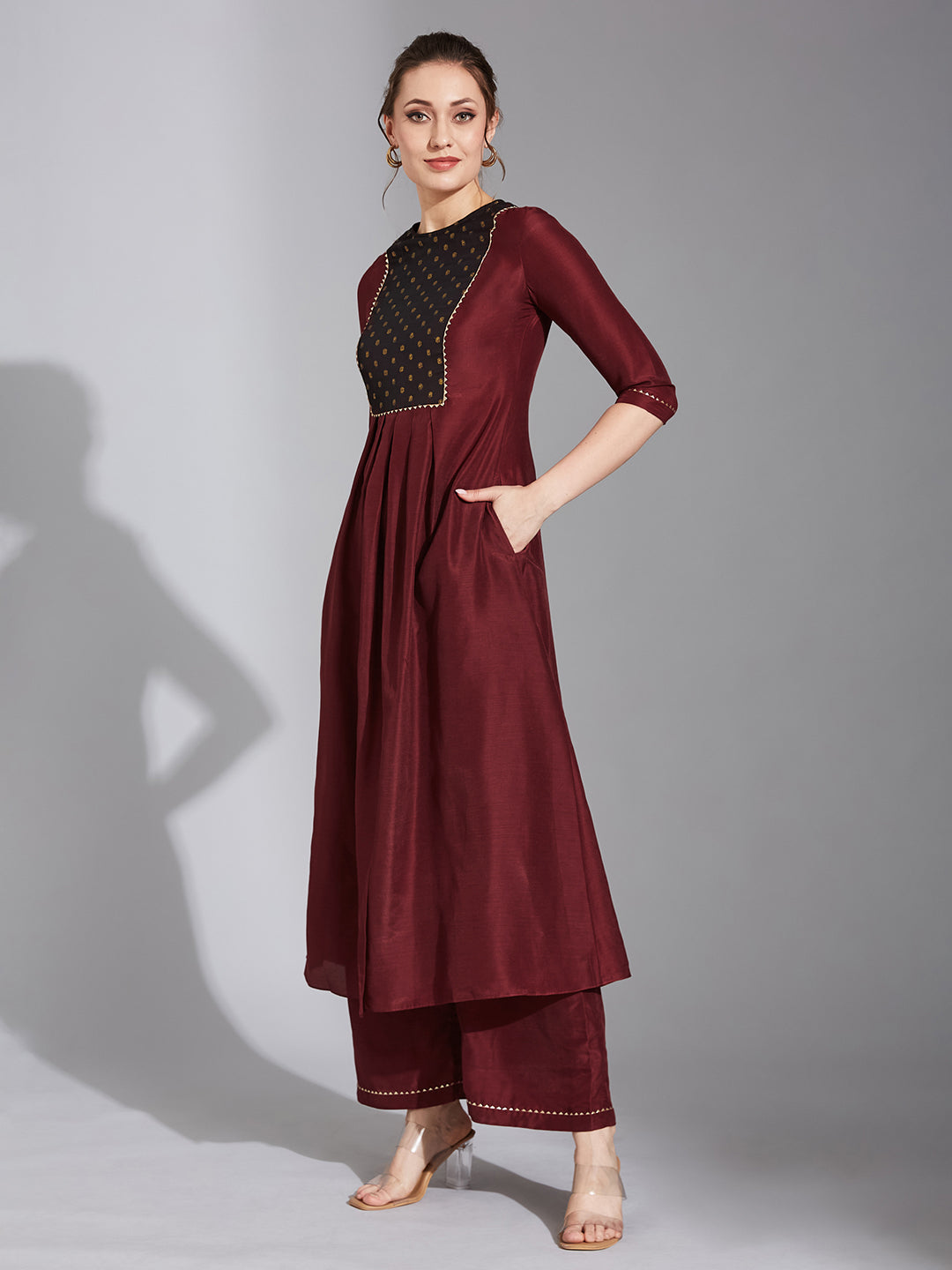 Women's Maroon Round Neck 3/4 Sleeve Self-Designed Pleated Kurta Set