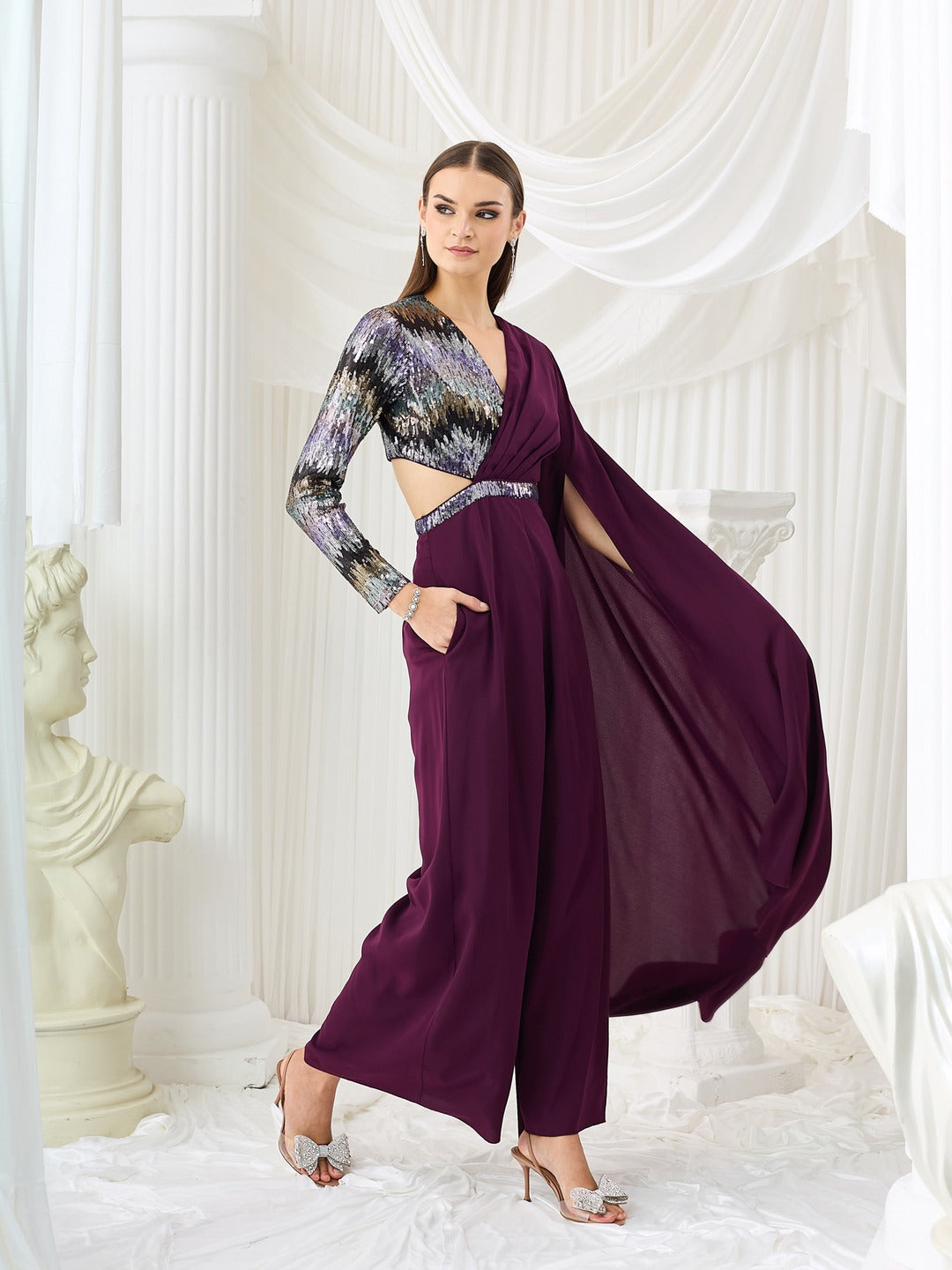 Luxe Georgette Jumpsuit in Dark Purple with Asymmetric Draping for Women