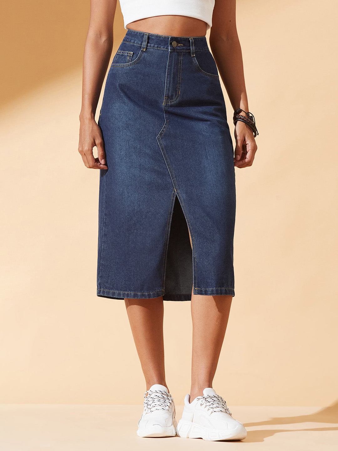 Dark Blue A-Line High-Rise Non-stretchable Denim Midi Skirt for Women