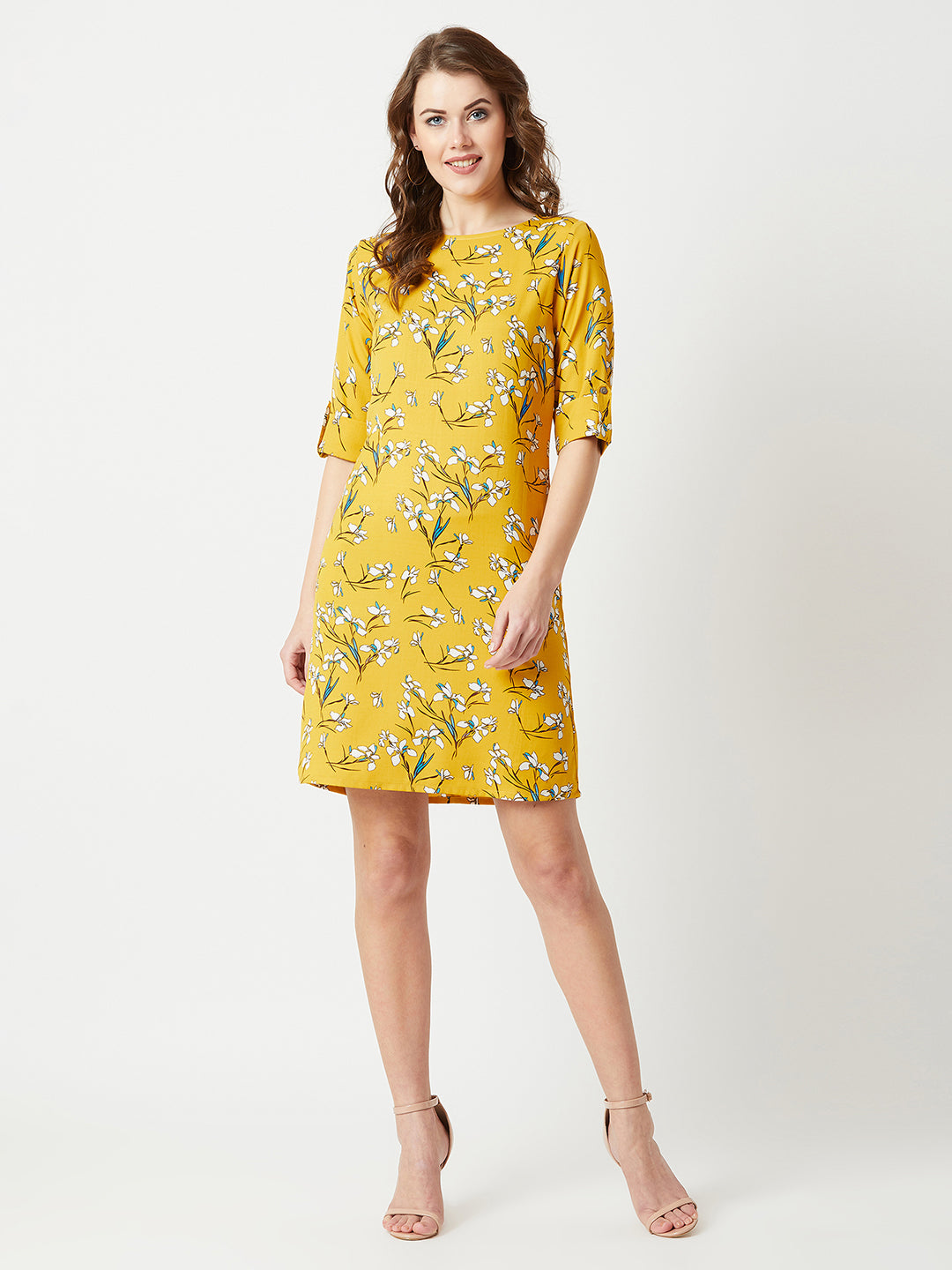 Women's Multicolored With A Yellow Base Round Neck 3/4 Sleeve Floral Knee-Long Shift Dress