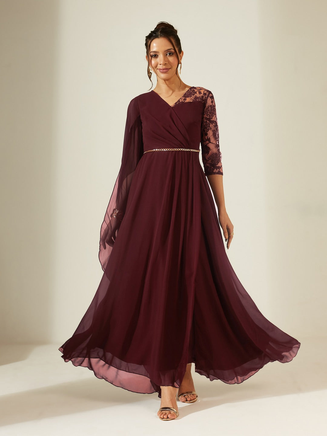 Wine V-Neck Three-Quarter Sleeve Self-Designed Asymmetric Georgette Maxi Dress for Women