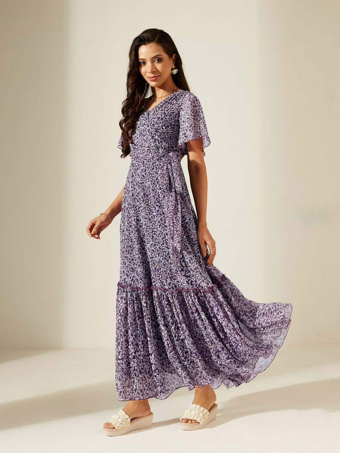 Purple V Neck Flared Sleeve Floral Wrap Chiffon Maxi Dress for Women