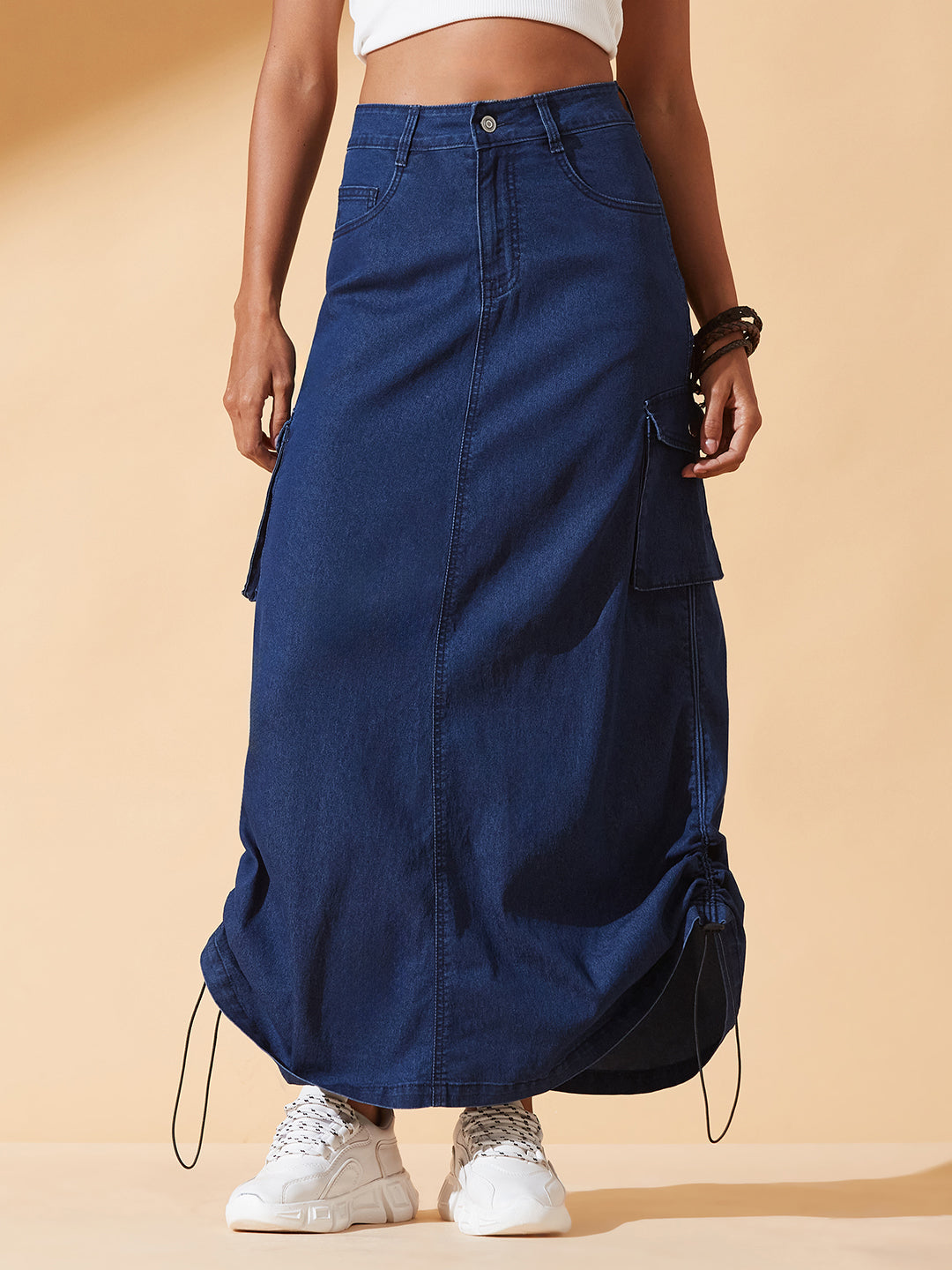 Navy Blue Baggy High-Rise Ruched Parachute Stretchable Denim Midi Skirt for Women
