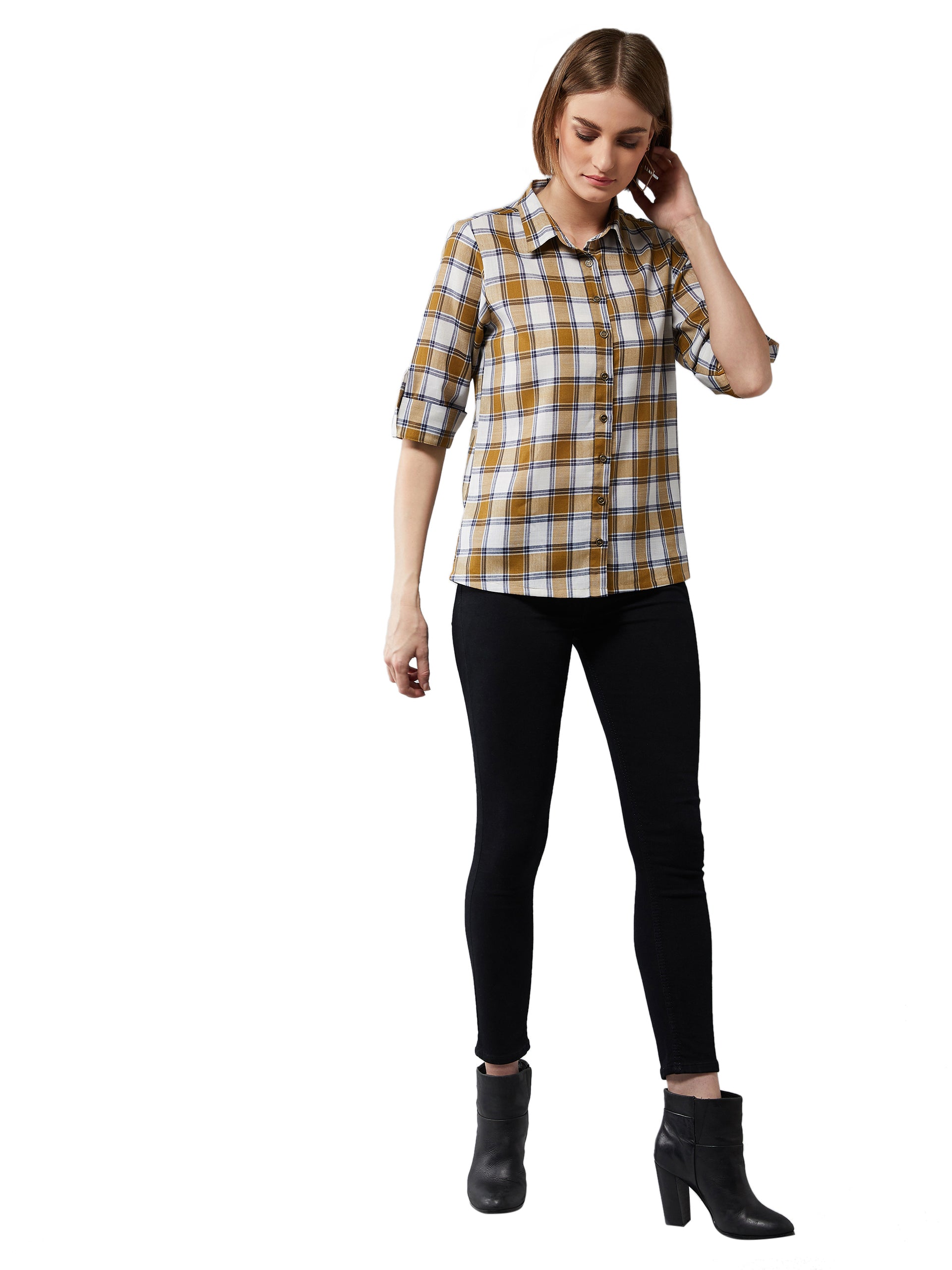Women's Multicolor-Base White Collared Neck 3/4 Sleeves Checkered Basic Shirt