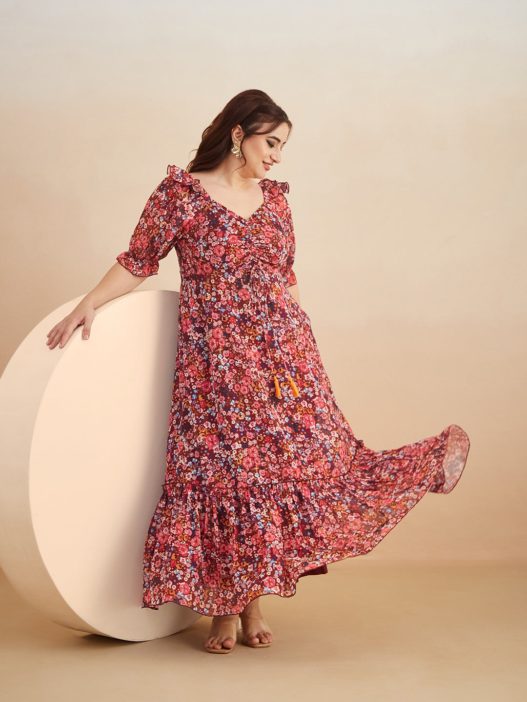 Multicolored-Base-Wine V-Neck Puff Sleeve Floral Ruching Ankle-Length Dress for Women
