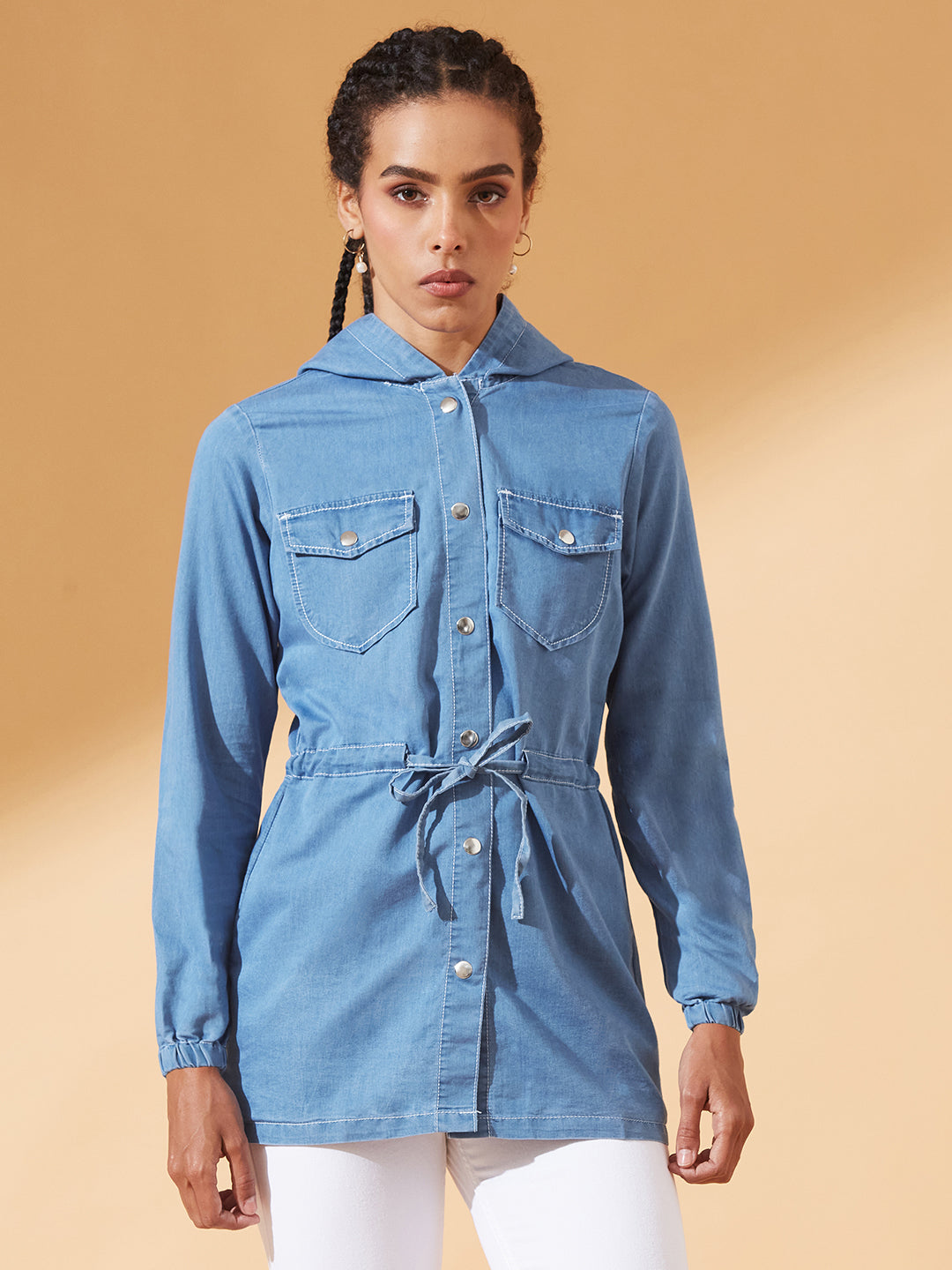 Light-Blue Round Neck Full Sleeve Solid Long hoodie with tie-up Regular Jacket for Women