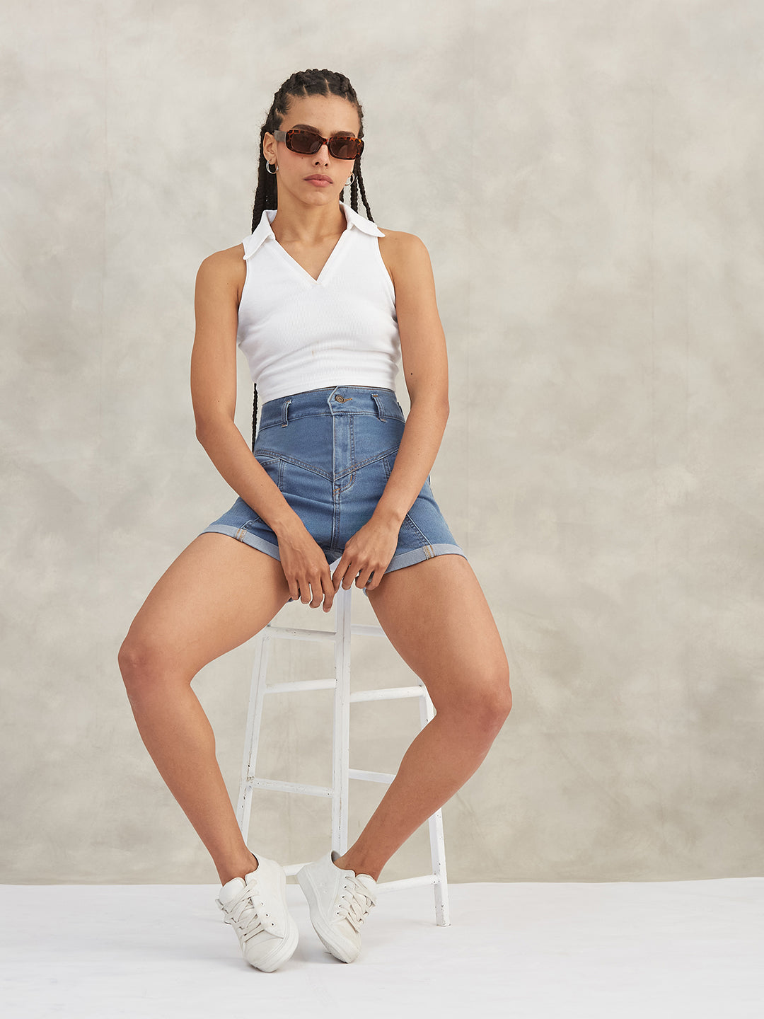 Women's Blue Relaxed-Fit High-Rise Stretchable Blue Denim Shorts