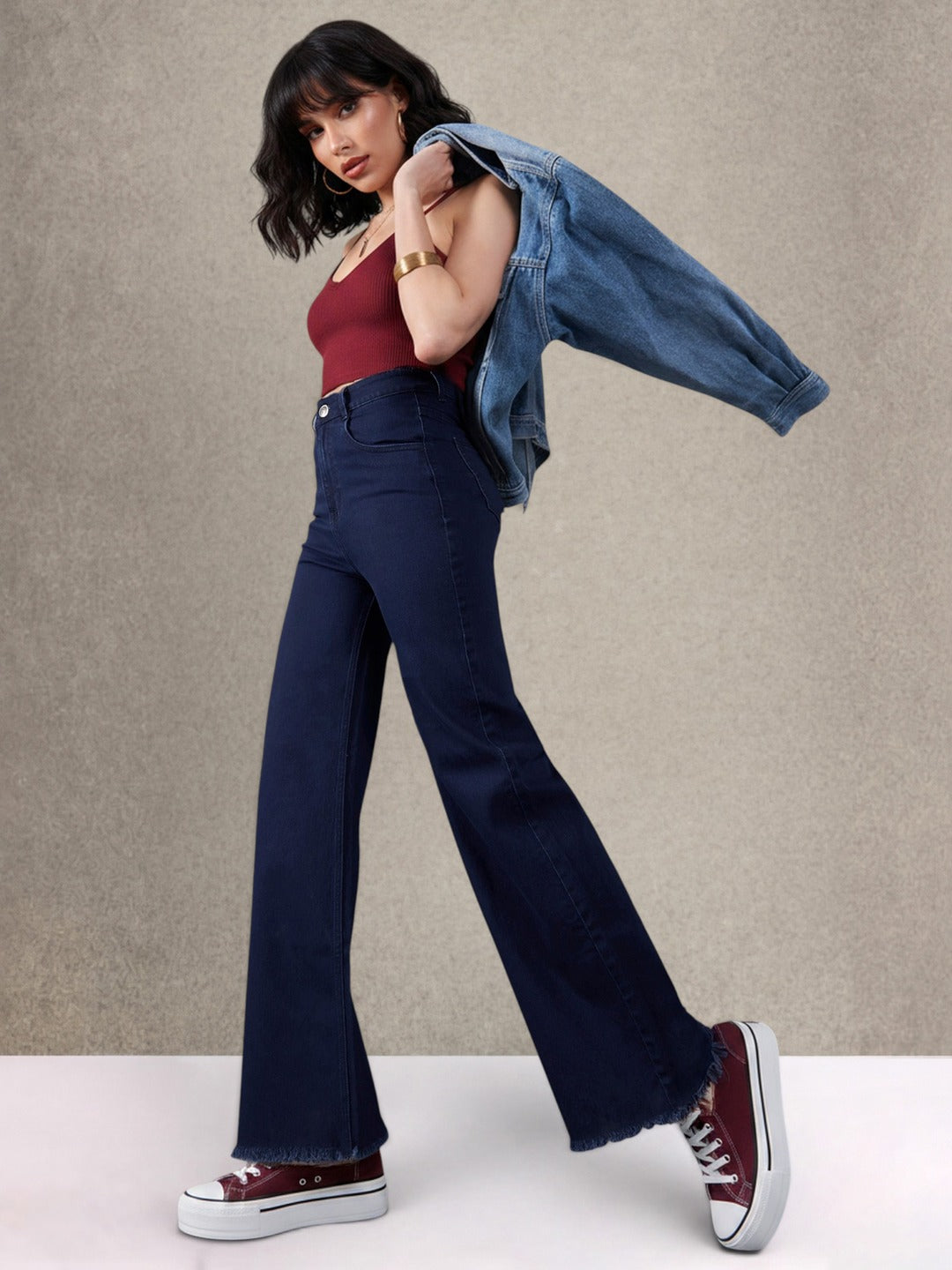 Navy Blue Wide-Leg High-Rise Stretchable Denim Jeans for Women