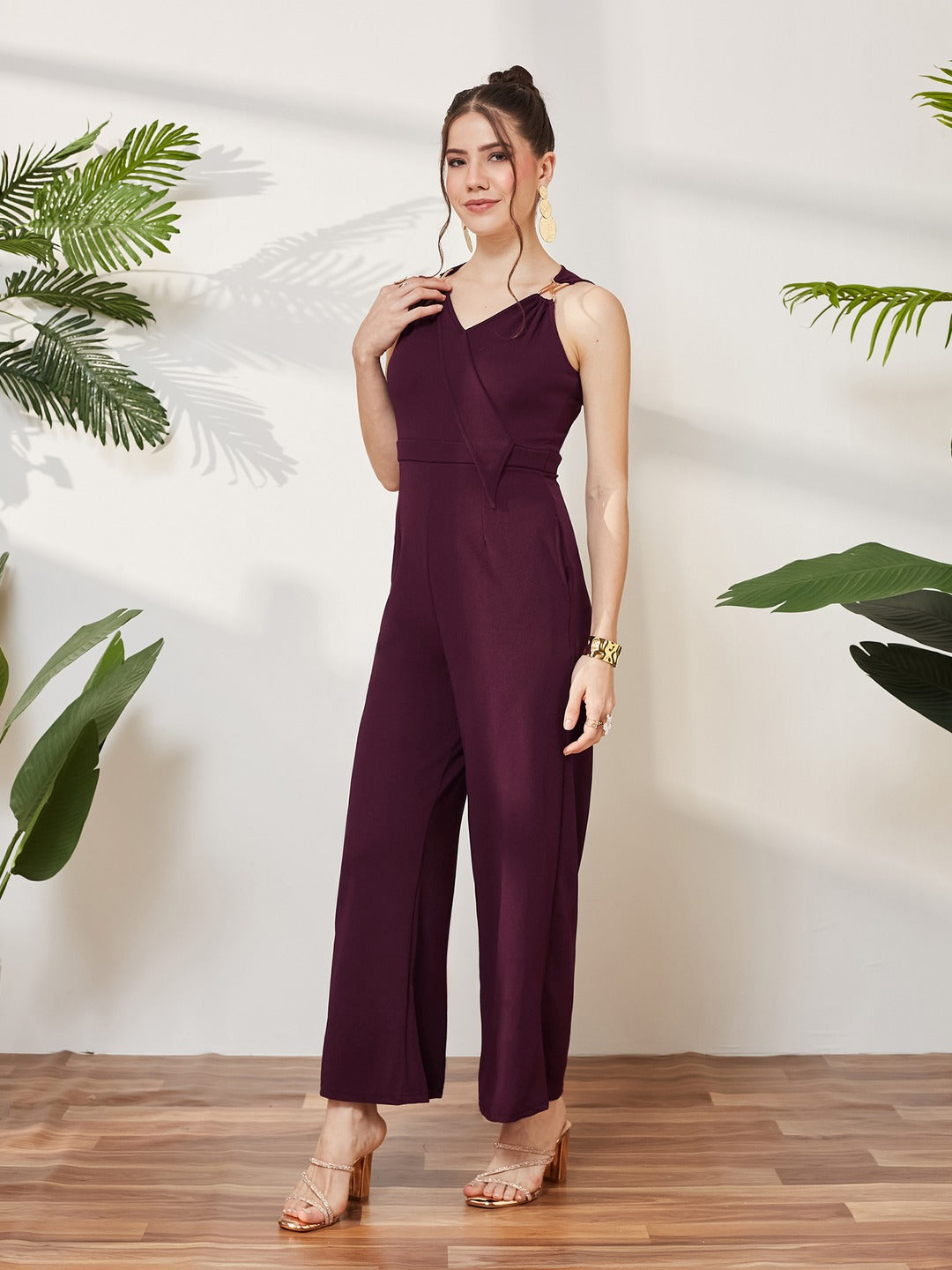 Wine V-Neck Sleeveless Solid Wrap Regular Jumpsuit for Women