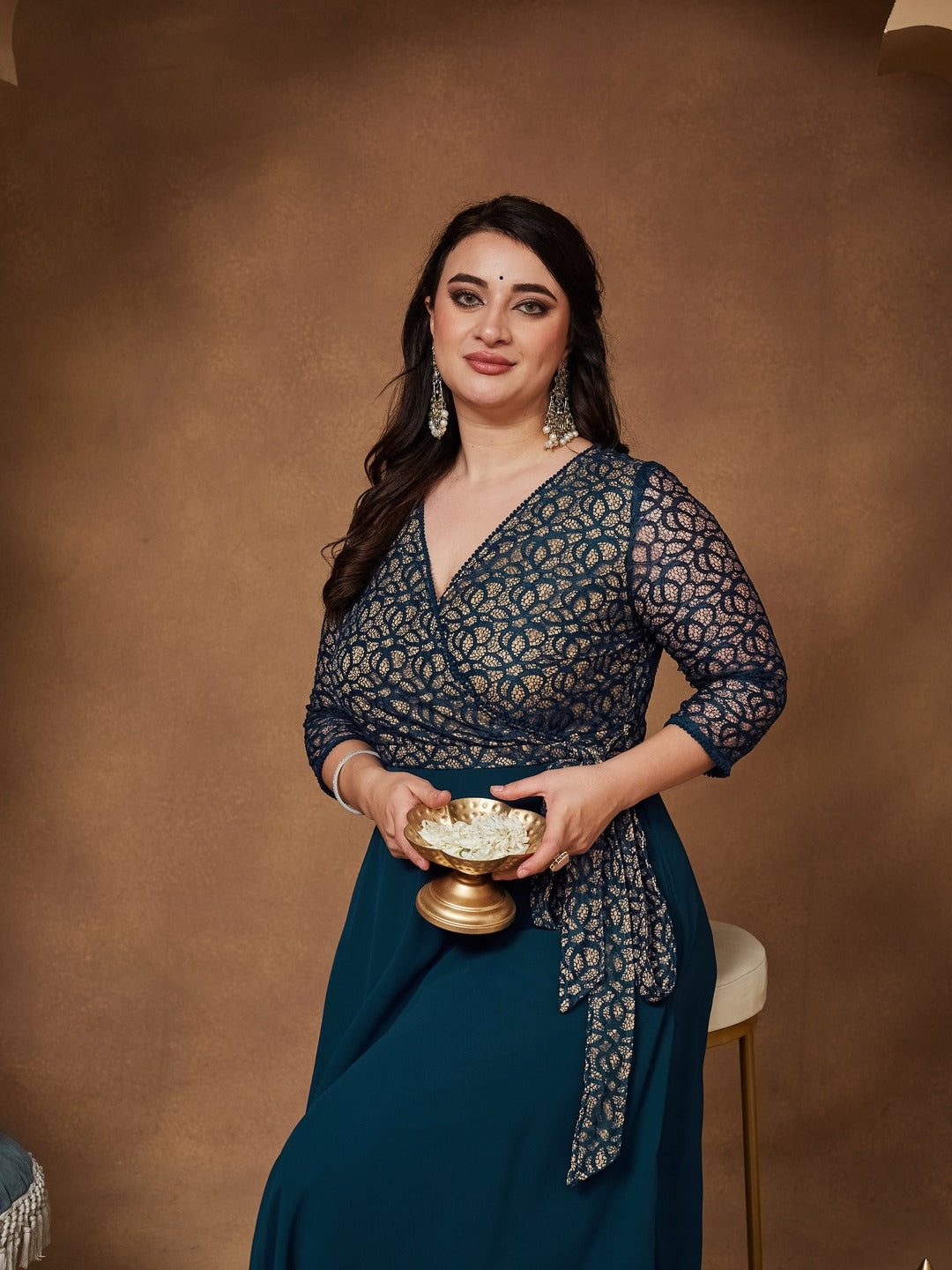 Teal Floral Printed Relaxed Fit V-Neck 3/4th Sleeve Maxi Dress  for Women