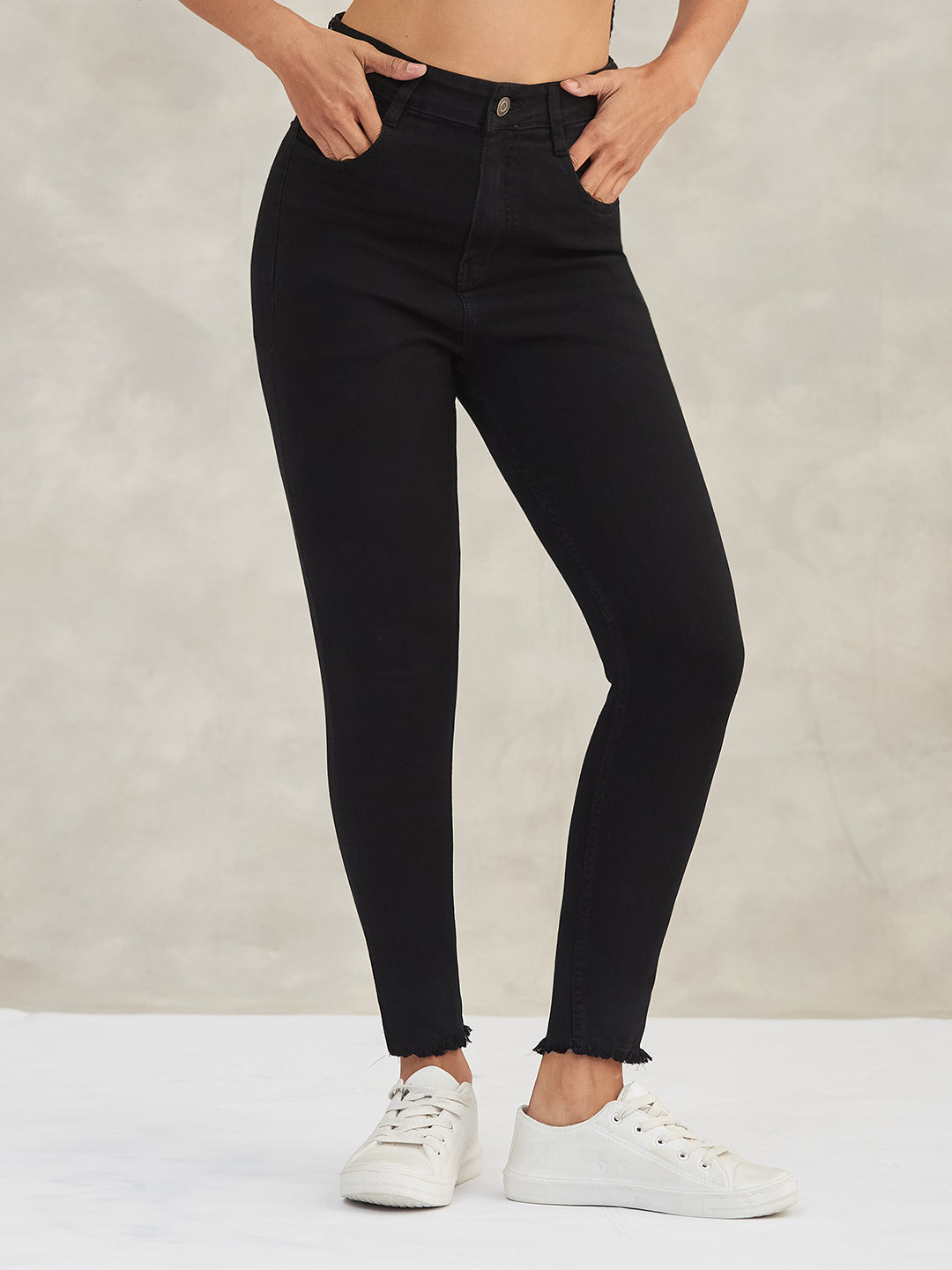 Black Skinny-Fit Fringe-Detailing High-Rise Solid Cropped Stretchable Denim Jeans for Women