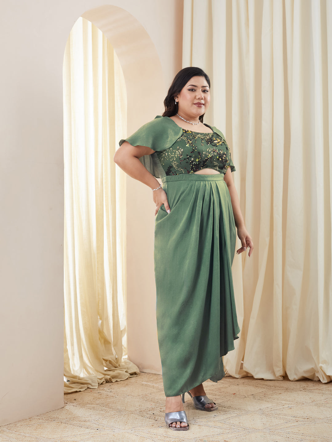 Siege Green Sweetheart-Neck Cape Embellished Draped Satin Maxi Dress for Women