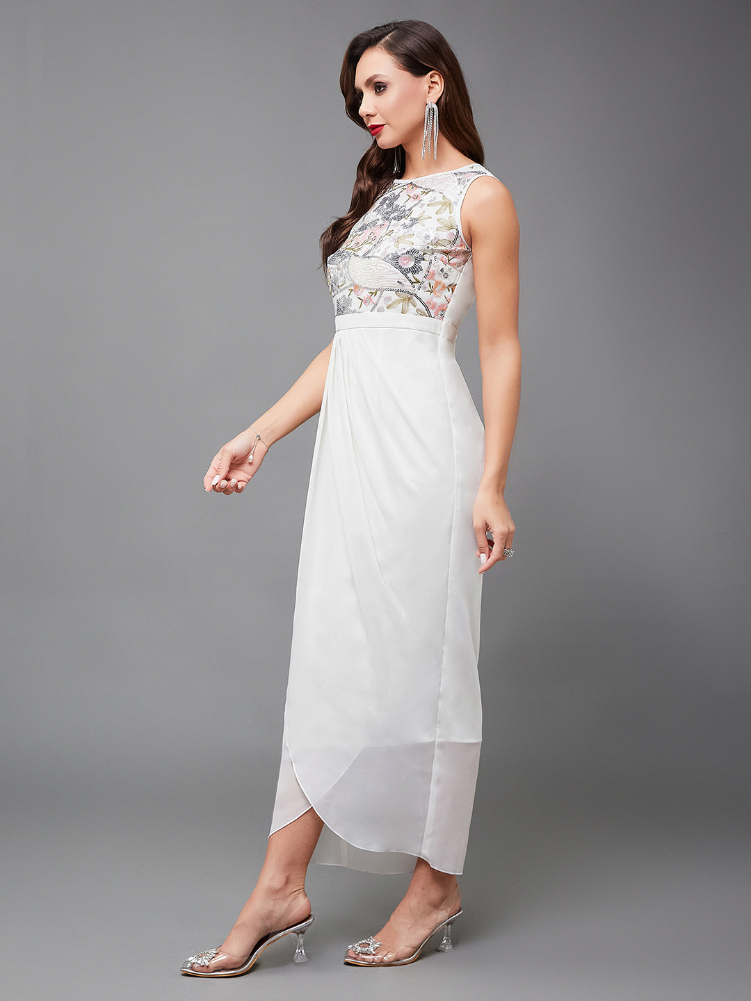 Women's Cocktail Multicolored-Base-Off White Sleeveless Embellished Pleated Maxi Dress