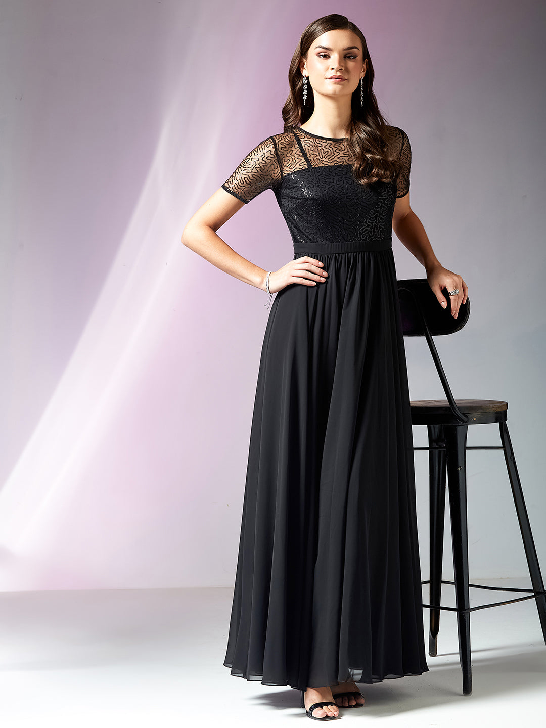 Women's Black Relaxed Fit Maxi Georgette & Sequins Dress