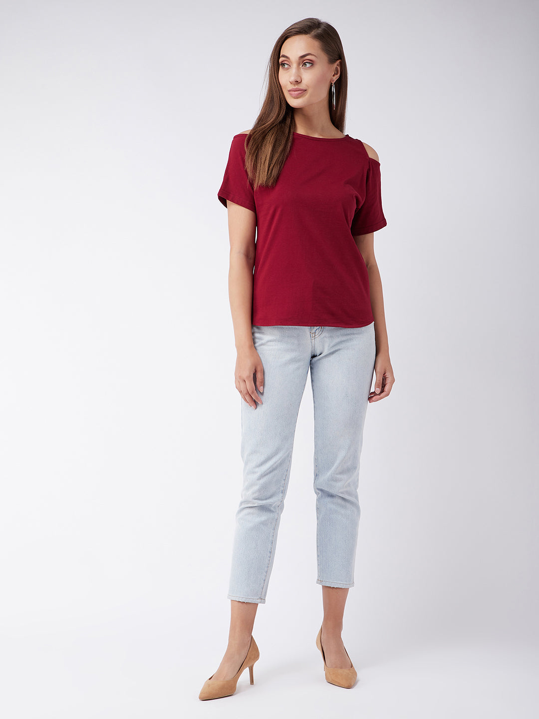 Women's Maroon Round Neck Half Sleeve Solid Cut Out Top