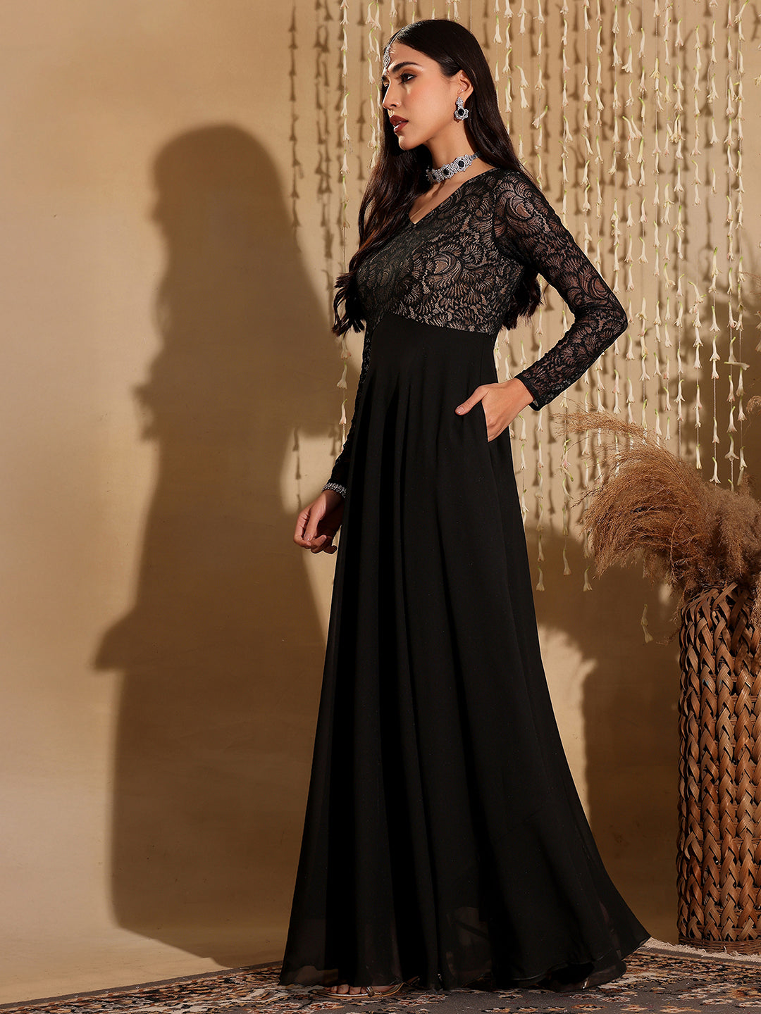 Women's Black V-Neck Full Sleeve Self Design Lace-Overlaid Georgette Maxi Dress