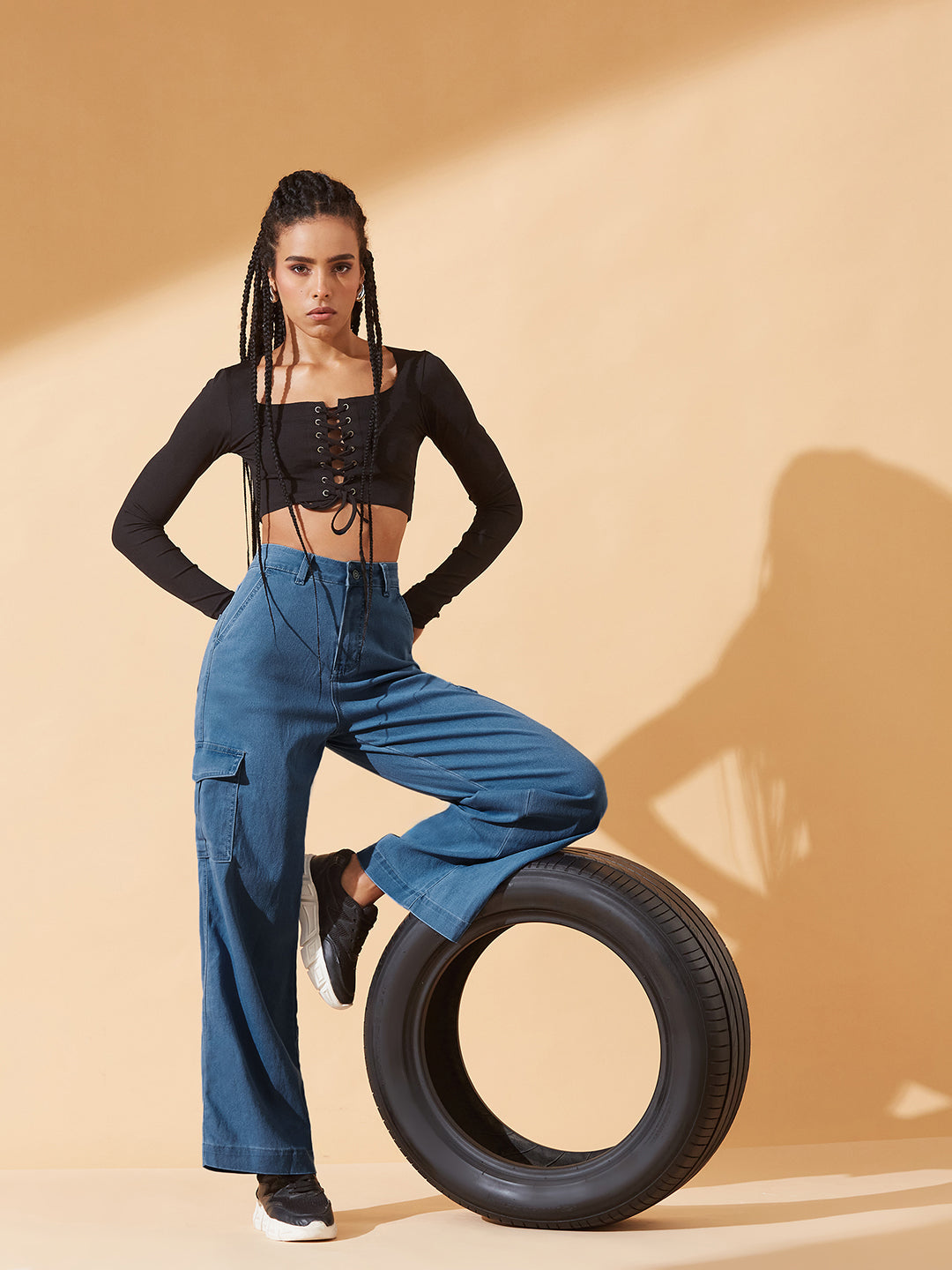 Blue Wide leg High-Rise Regular Stretchable Denim Jeans For Women