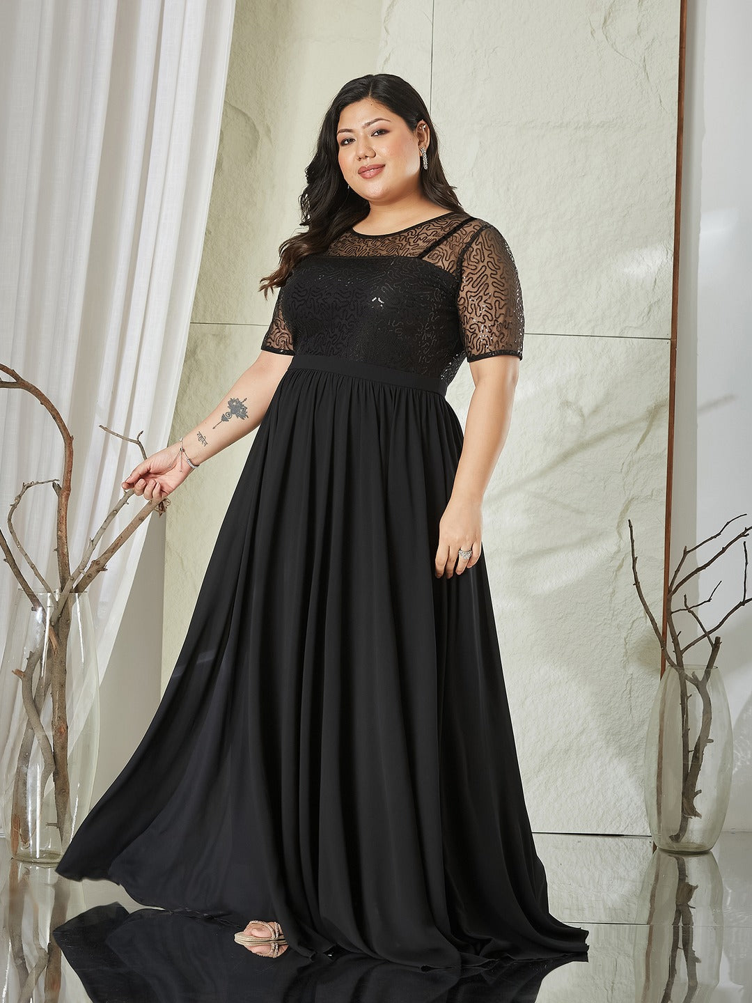Black Relaxed Fit Maxi Georgette & Sequins Dress for Women