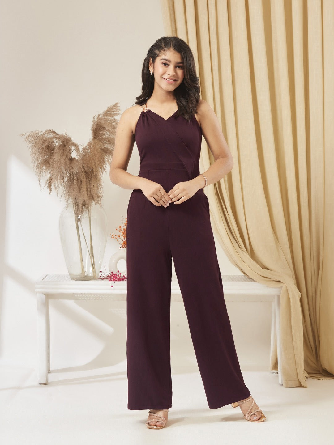 Wine V-Neck Sleeveless Solid Wrap Regular Jumpsuit for Girls/Teenagers