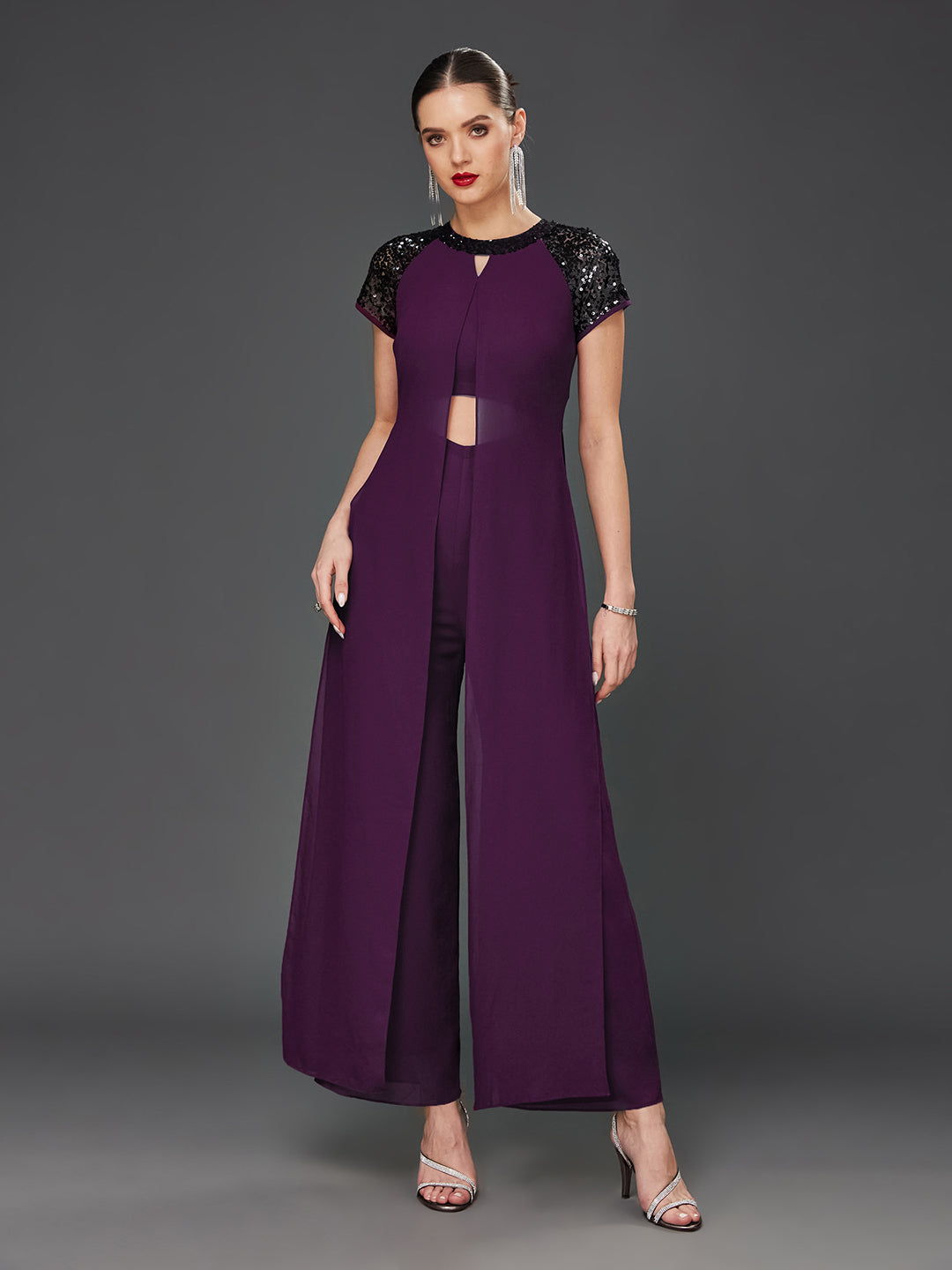 Women's Purple Solid Regular-Length Round-Neck Raglan-Short Sleeves Sequin Panel Layered Embellished Polyester Jumpsuit