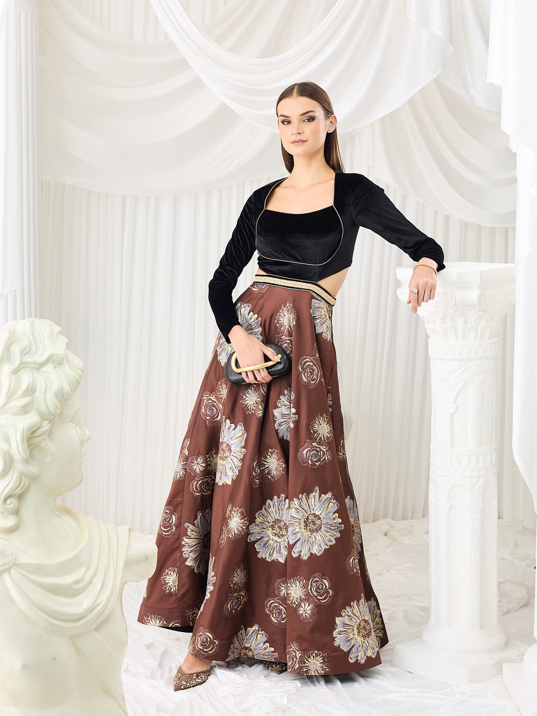 Brown Choli Cut Full Sleeve Floral Cut-Out Maxi Dress for Women