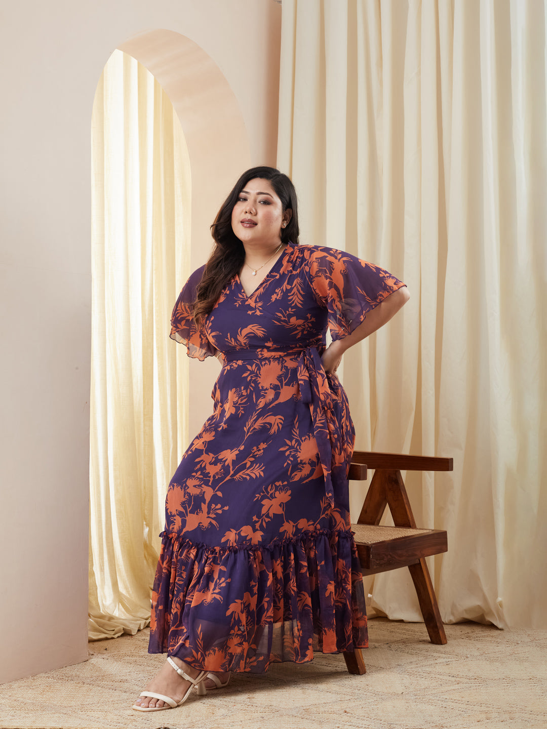 Purple & Orange Floral Wrap Chiffon Maxi Dress with Flutter Sleeves & Frilled Hem for Women
