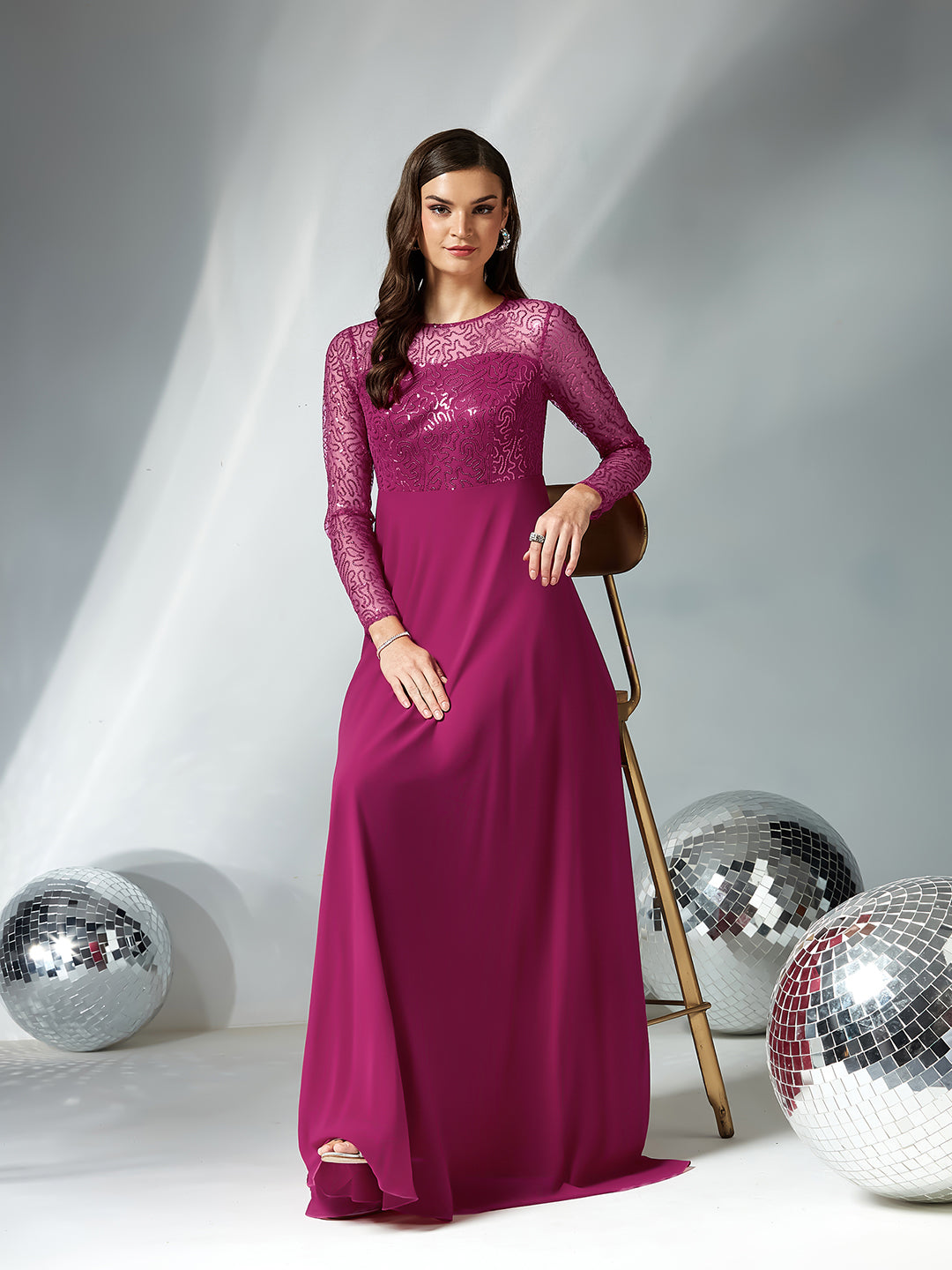 Ruby Pink Solid Embellished Maxi Dress for Women