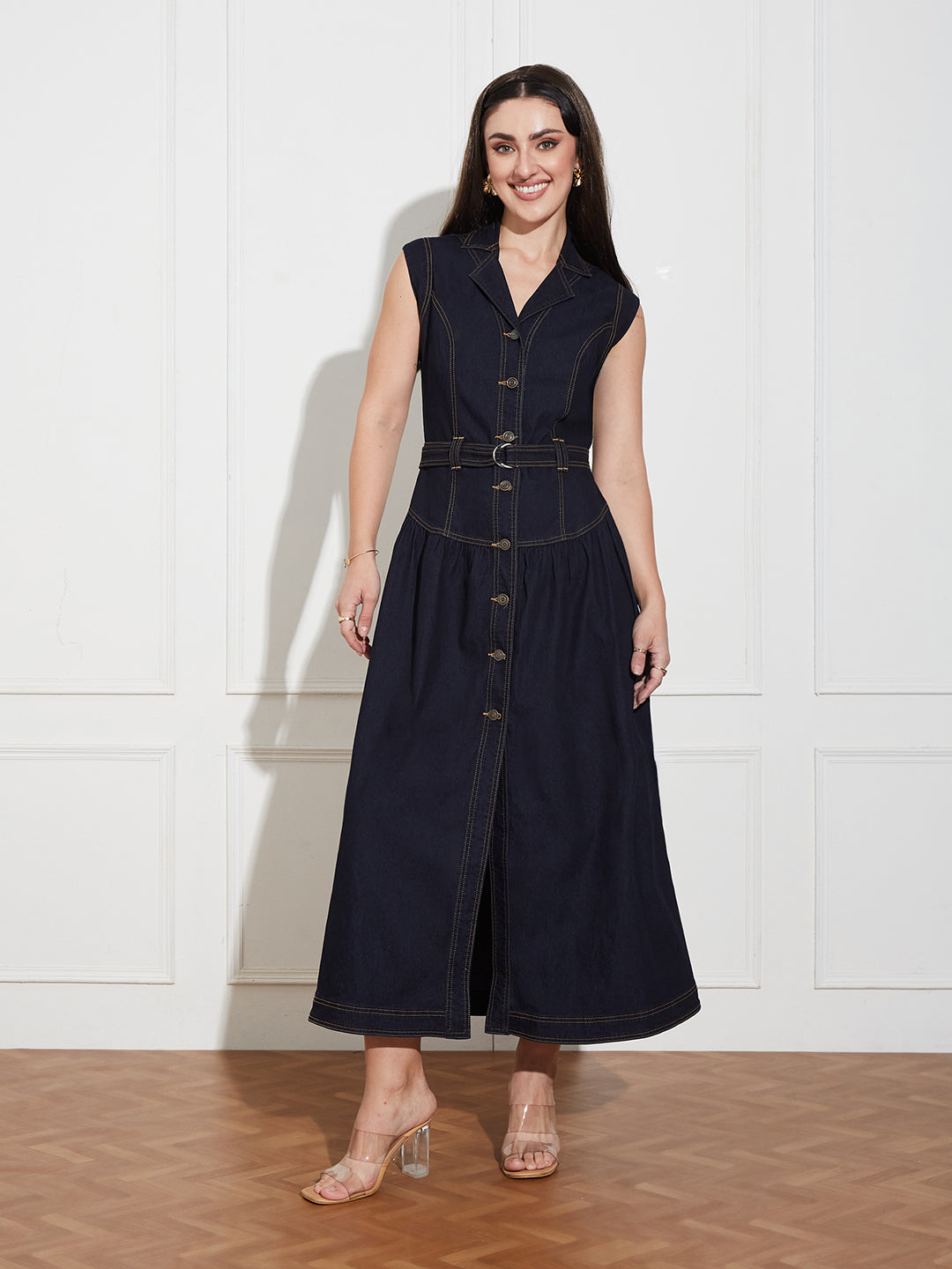 Women's Dark Blue Notched-Collar Sleeveless Solid Drop Waist Maxi-Length Light Weight Denim Shirt Dress