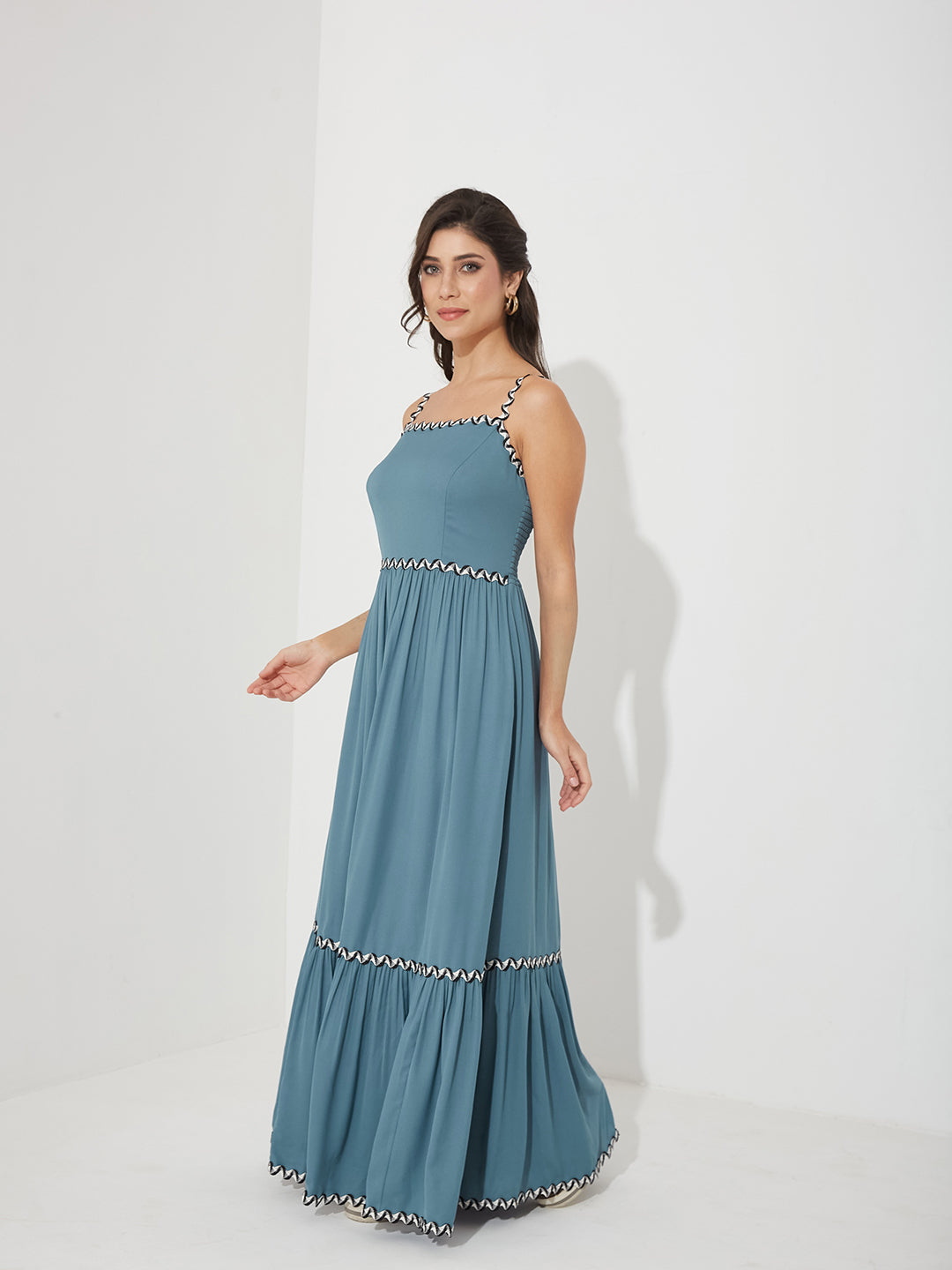 Blue Square Neck Sleeveless Solid Tiered Maxi Crepe Dress for Women — Miss Chase